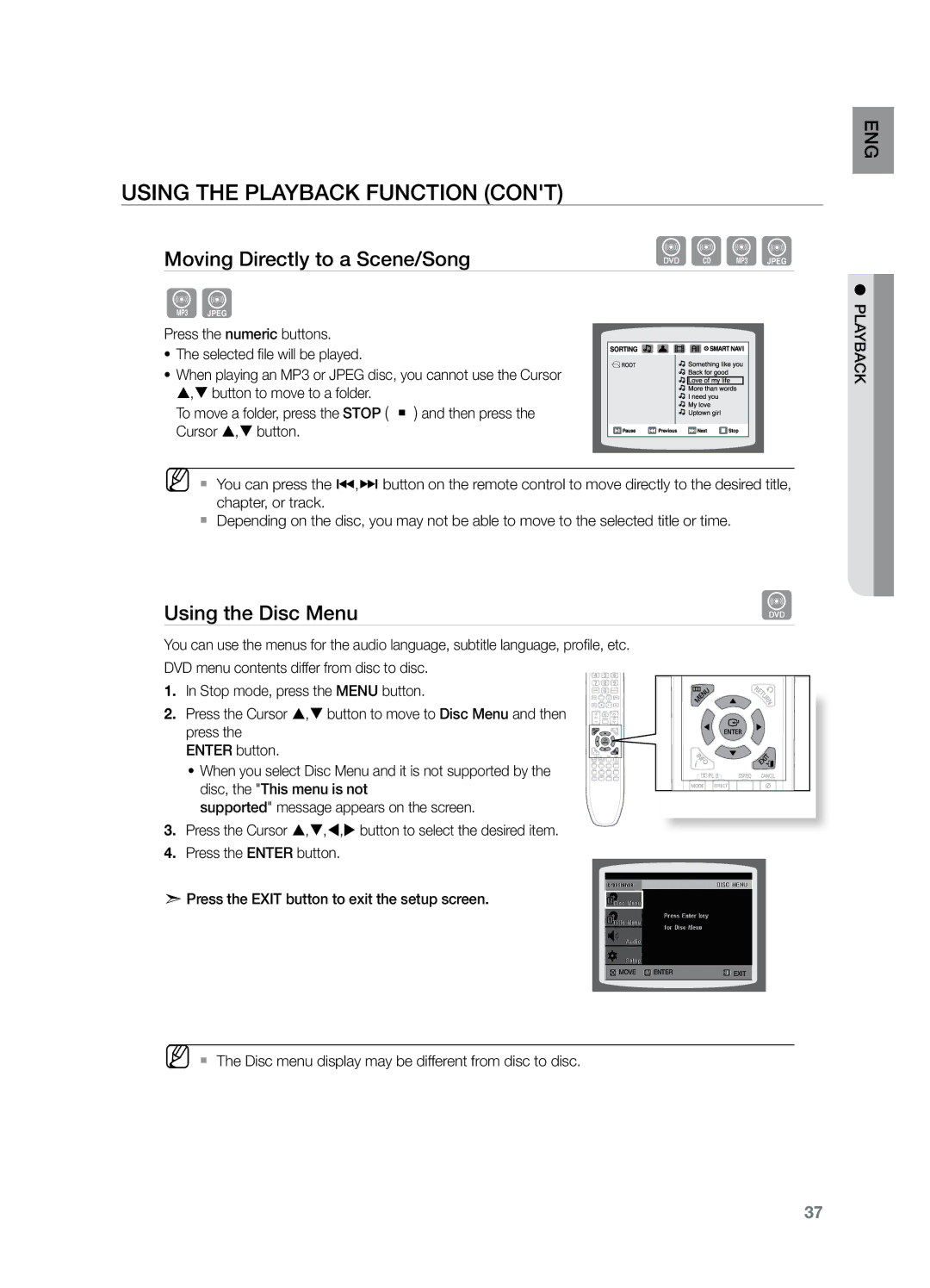 Samsung HT-Z221 user manual Using the Disc Menu, Press the numeric buttons Selected file will be played 