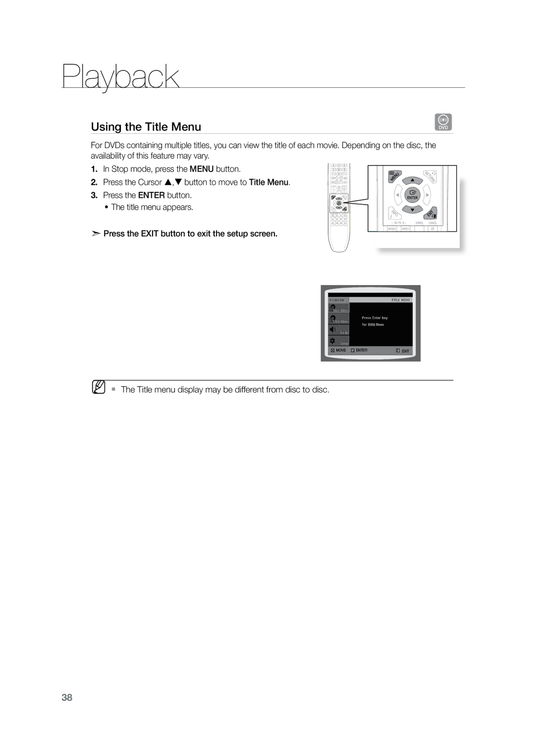 Samsung HT-Z221 user manual Using the Title Menu 