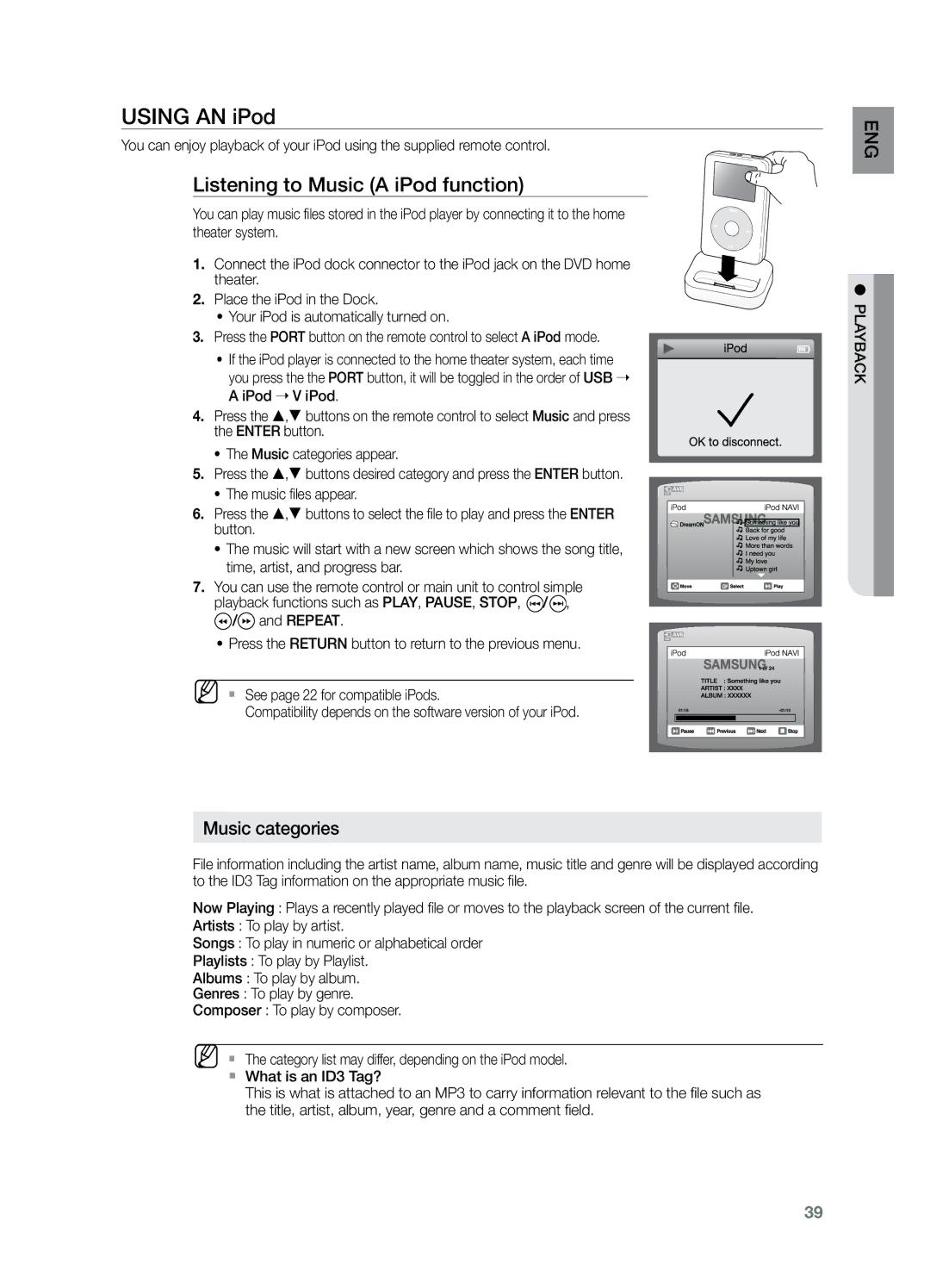 Samsung HT-Z221 user manual Using AN iPod, Listening to Music a iPod function 