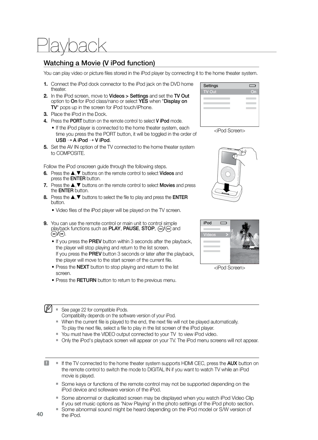 Samsung HT-Z221 user manual Watching a Movie V iPod function, IPod Screen, USB  a iPod  V iPod 