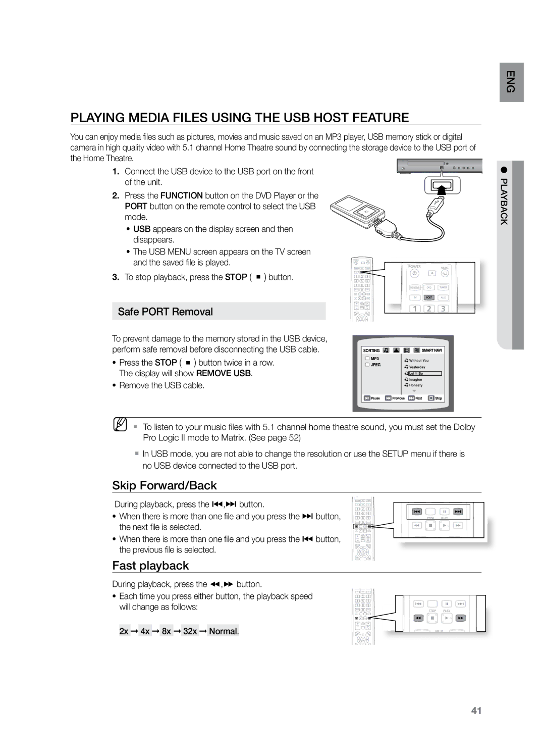 Samsung HT-Z221 user manual Playing Media Files using the USB Host Feature, Fast playback 