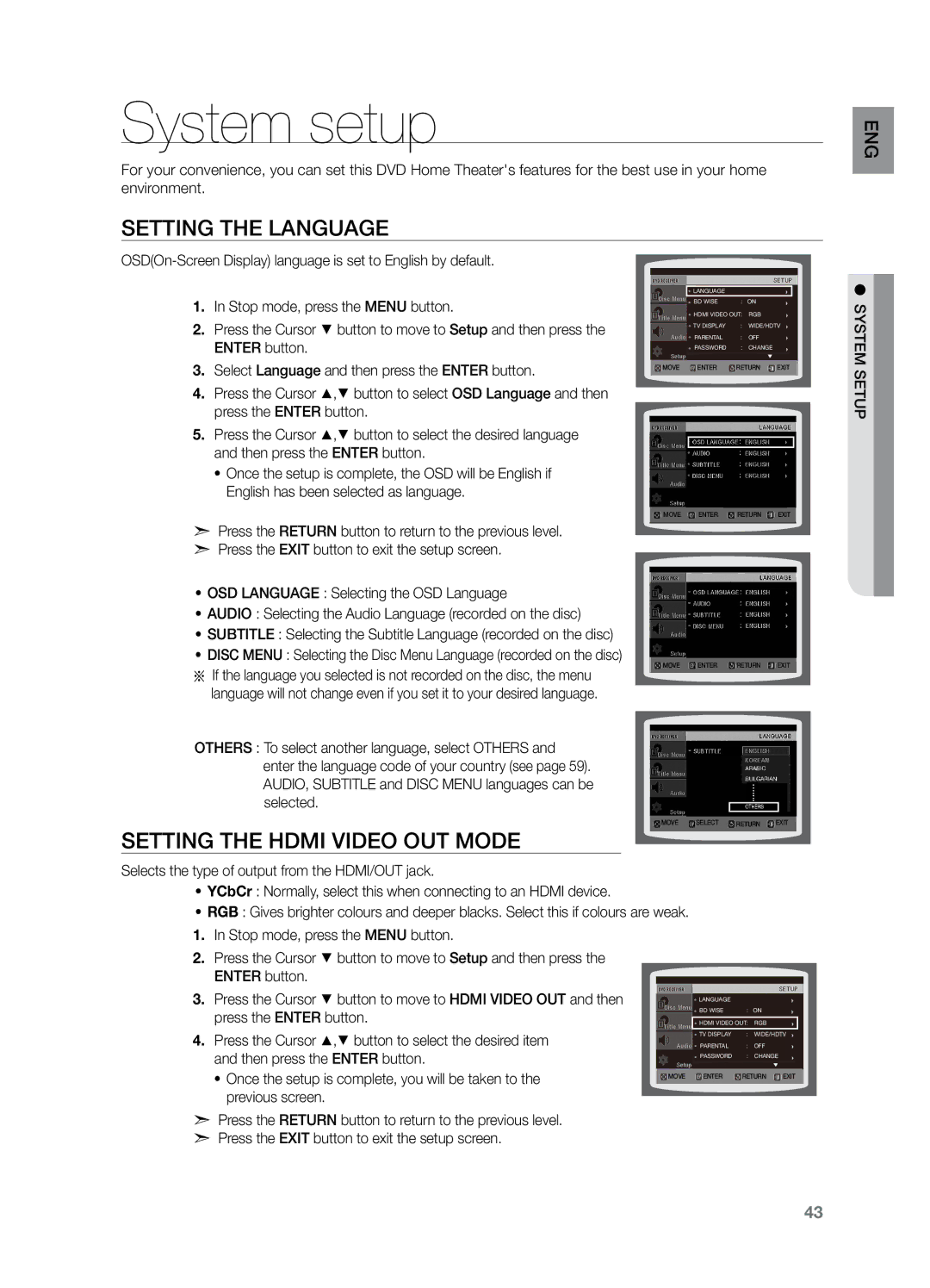 Samsung HT-Z221 user manual System setup, Setting the Language, Setting the Hdmi Video OUT Mode 