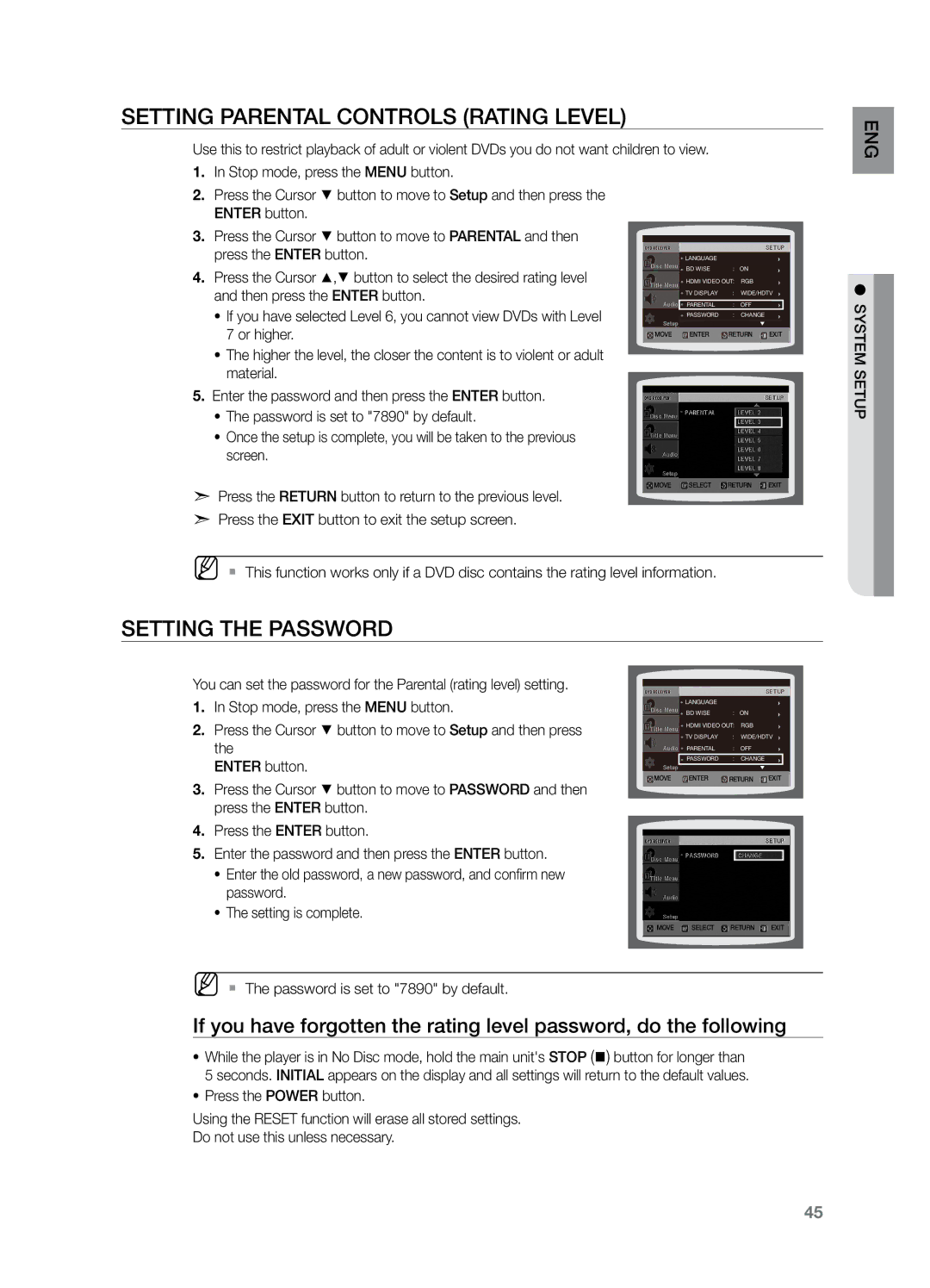 Samsung HT-Z221 Setting Parental Controls Rating Level, Setting the Password, MM`` The password is set to 7890 by default 