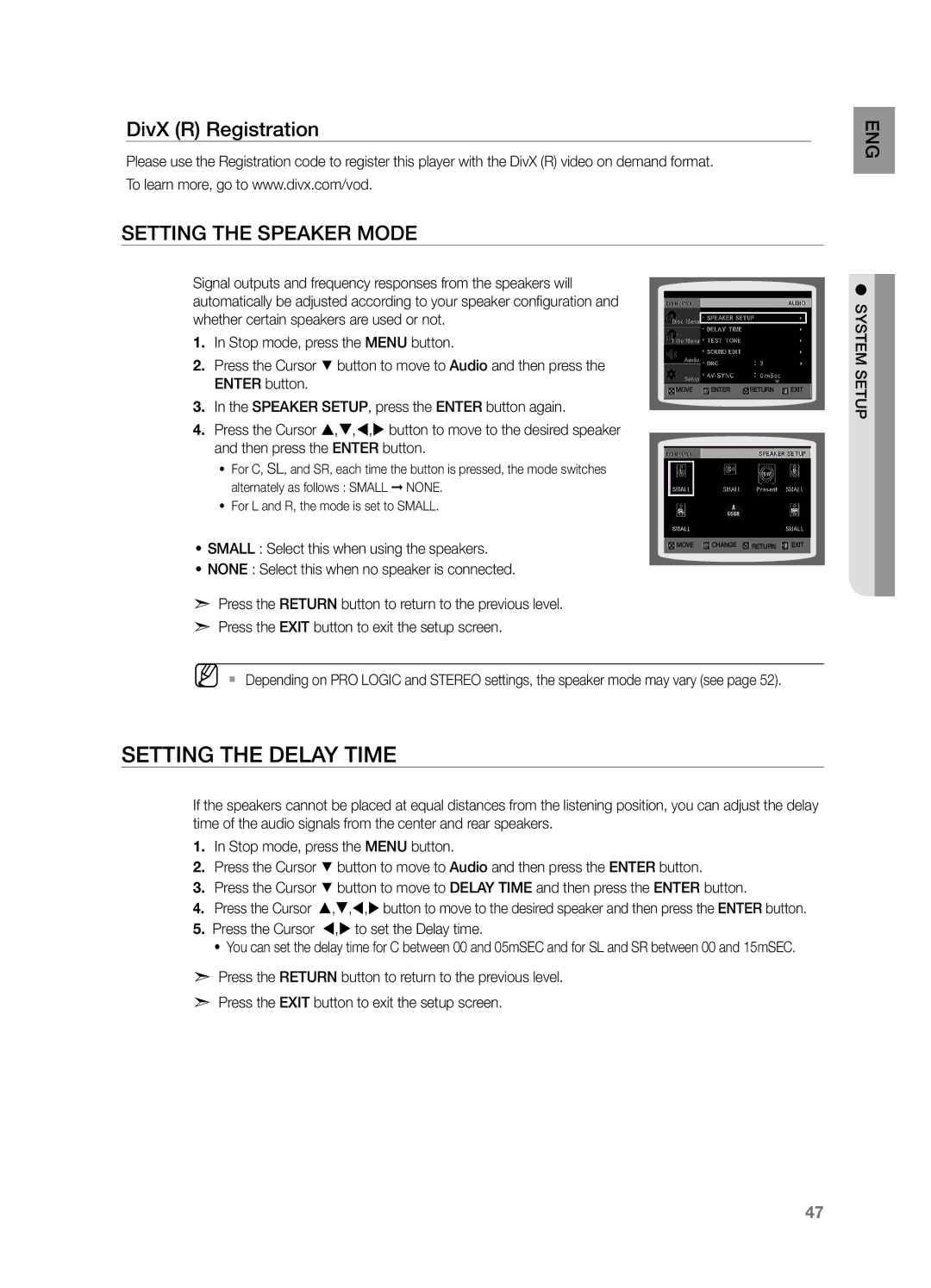 Samsung HT-Z221 user manual Setting the Delay Time, DivX R Registration Setting the Speaker Mode, Setup system 