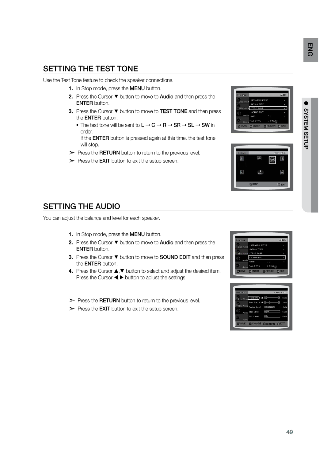 Samsung HT-Z221 user manual Setting the Test Tone, Setting the Audio 