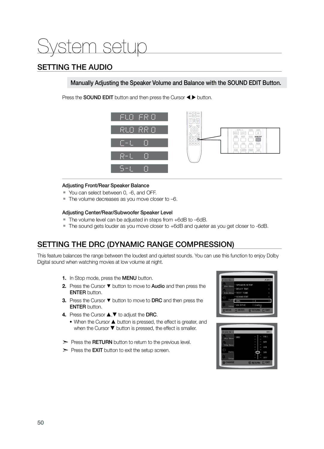 Samsung HT-Z221 user manual Setting the DRC Dynamic Range Compression, Press the Cursor , to adjust the DRC 