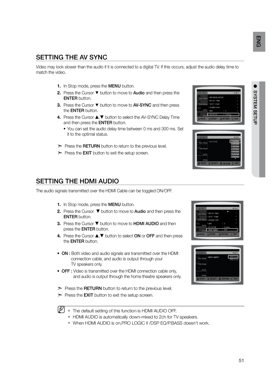 Samsung HT-Z221 user manual Setting the AV Sync, Setting the Hdmi Audio 