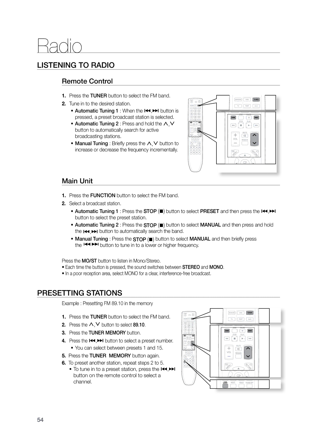 Samsung HT-Z221 user manual Listening to Radio, Presetting Stations, Remote Control, Main Unit 