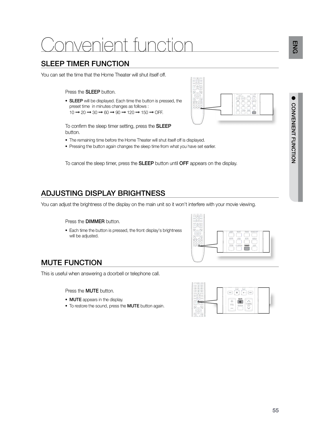 Samsung HT-Z221 user manual Convenient function, Sleep Timer Function, Adjusting Display Brightness, Mute Function 