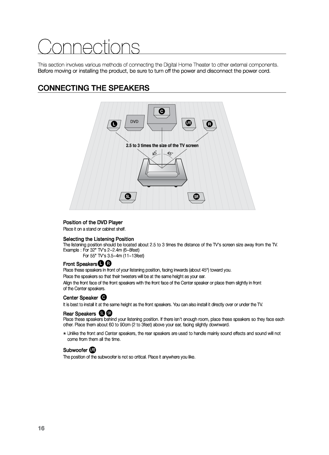 Samsung HT-Z221 user manual Connections, Connecting the Speakers 