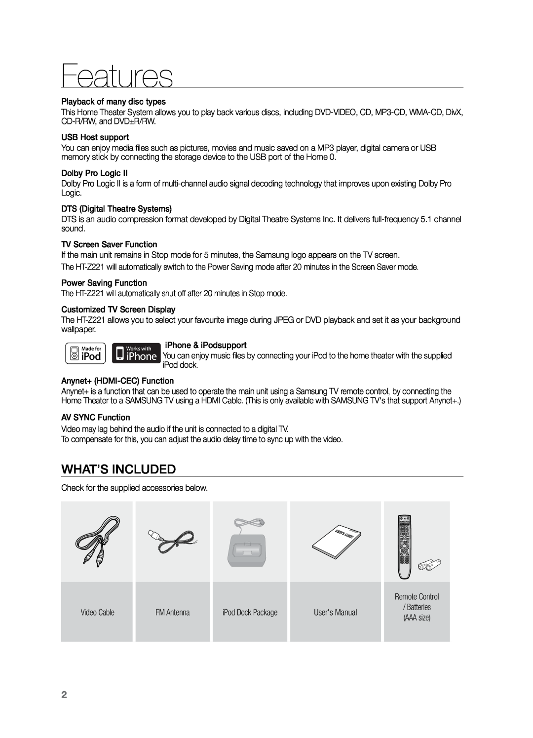 Samsung HT-Z221 user manual Features, What’s included 