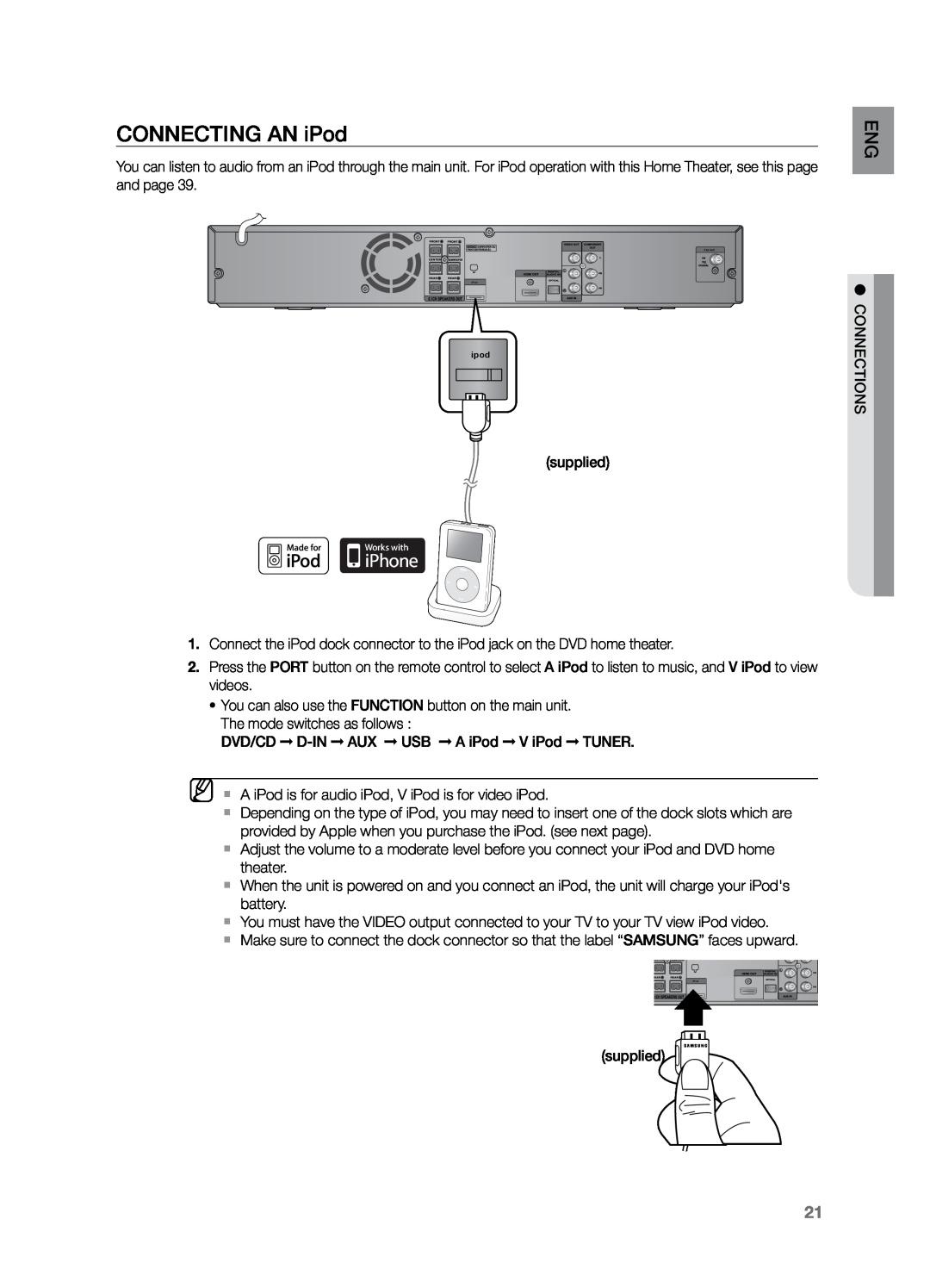 Samsung HT-Z221 user manual Connecting an iPod 