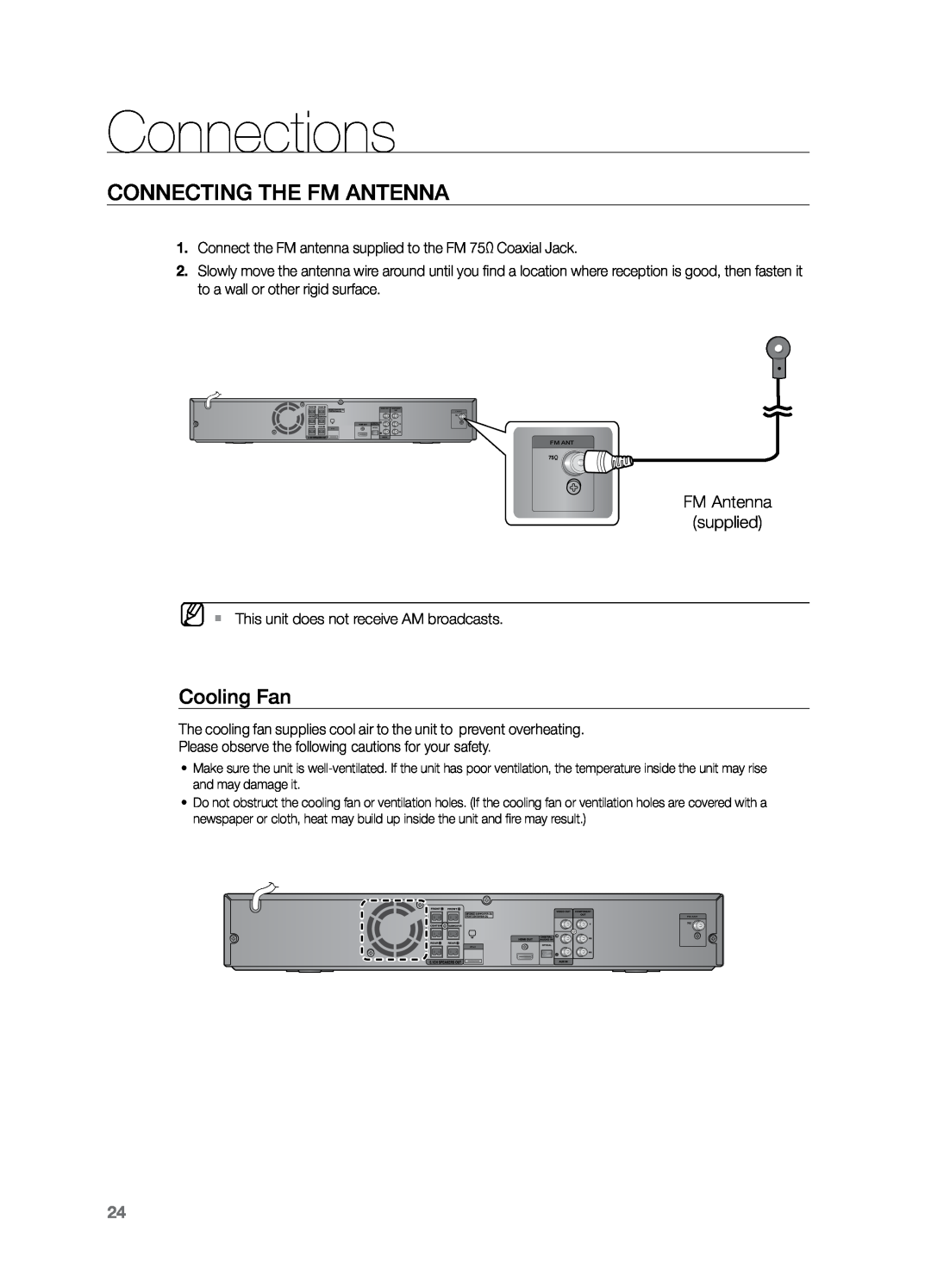 Samsung HT-Z221 user manual Connecting the FM Antenna, Cooling Fan, Connections 