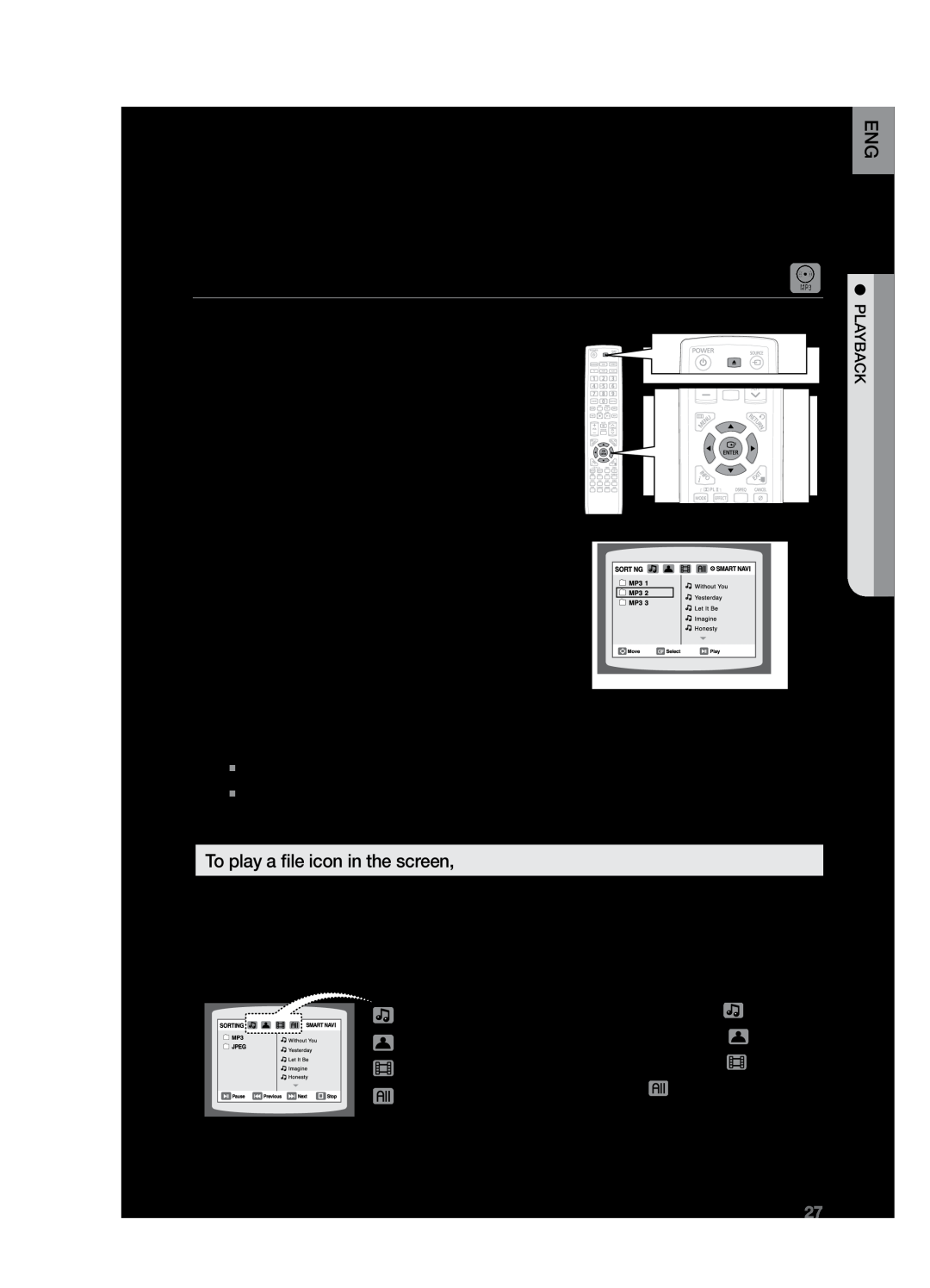 Samsung HT-Z221 user manual MP3/WMA-CDPlayback, To play a file icon in the screen 