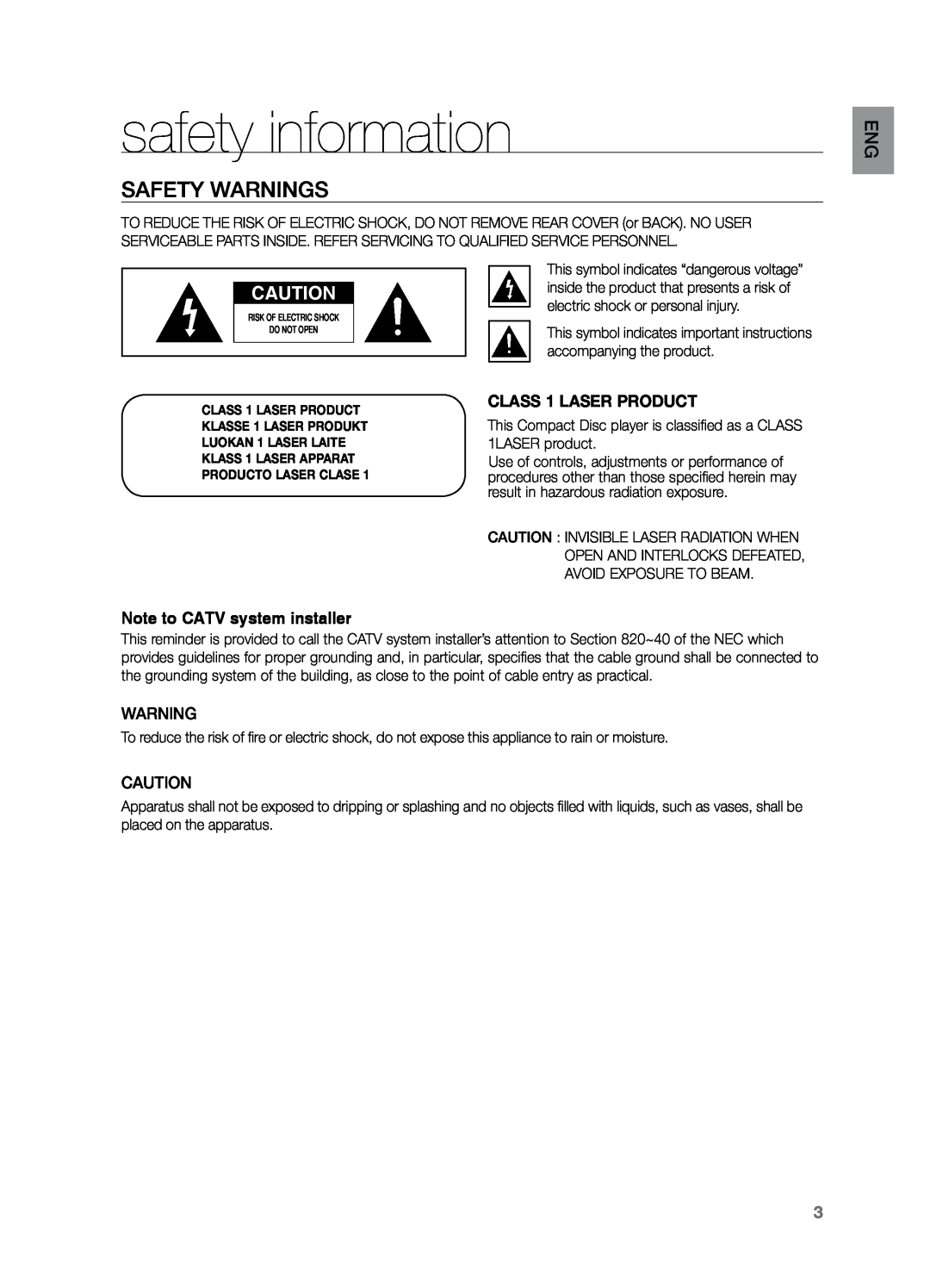Samsung HT-Z221 user manual safety information, Safety Warnings, Note to CATV system installer, CLASS 1 LASER PRODUCT 