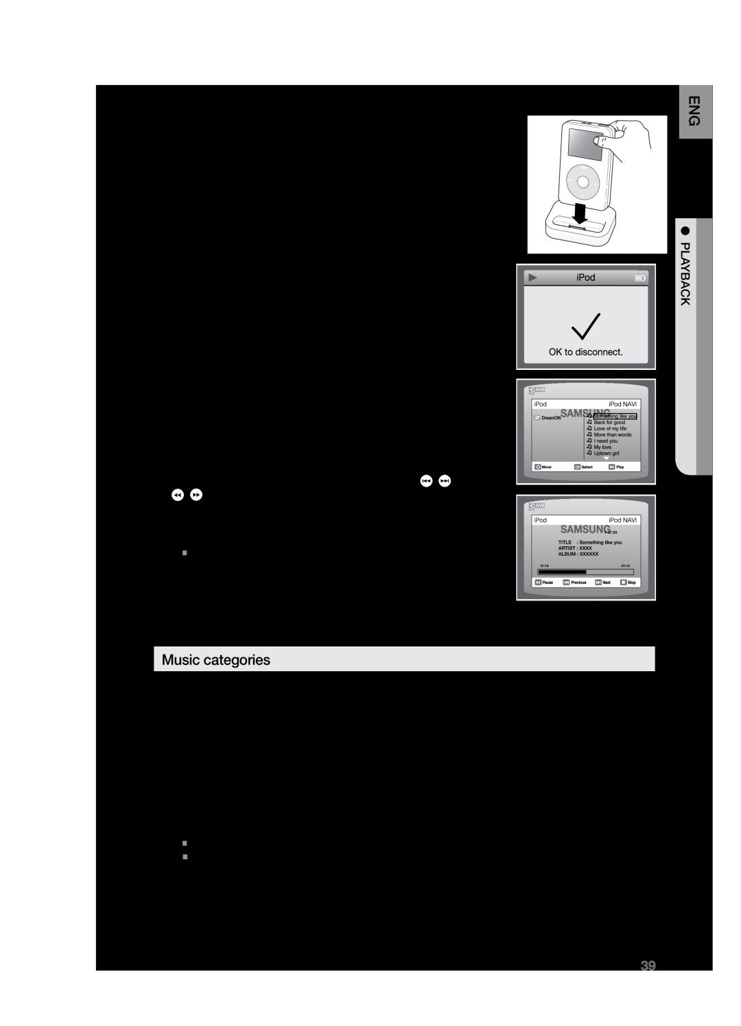 Samsung HT-Z221 user manual Using AN iPod, Listening to Music A iPod function, Music categories 