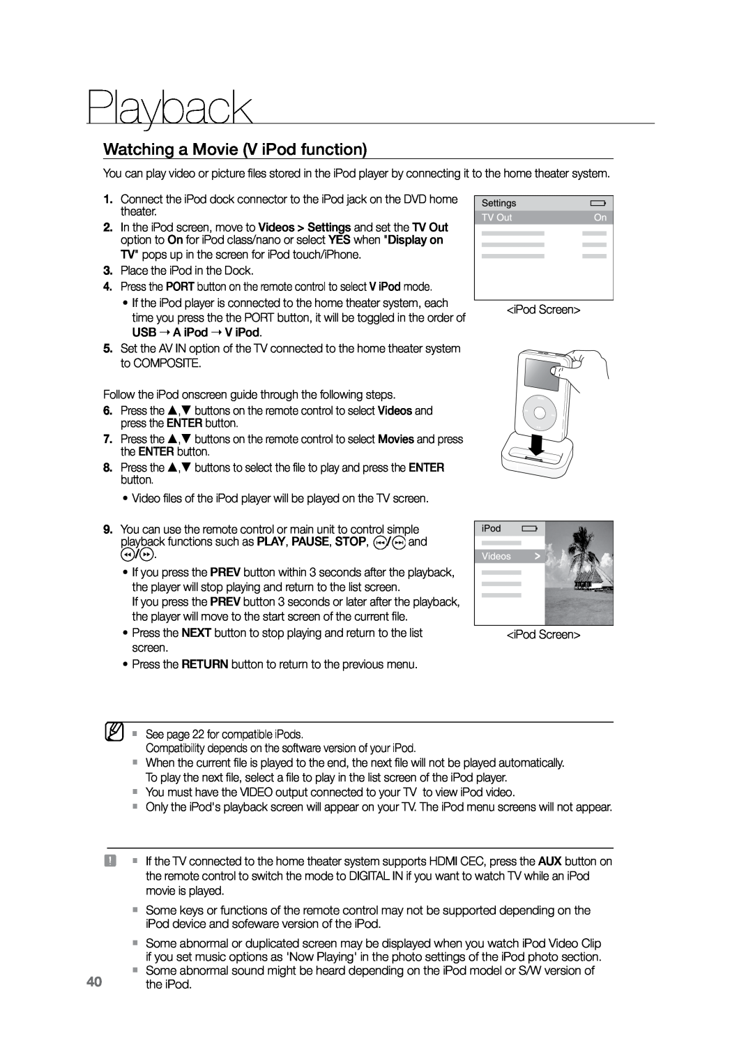 Samsung HT-Z221 user manual Watching a Movie V iPod function, Playback 