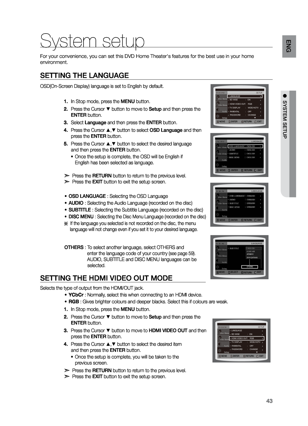 Samsung HT-Z221 user manual System setup, Setting the Language, Setting the HDMI VIDEO OUT MODE 