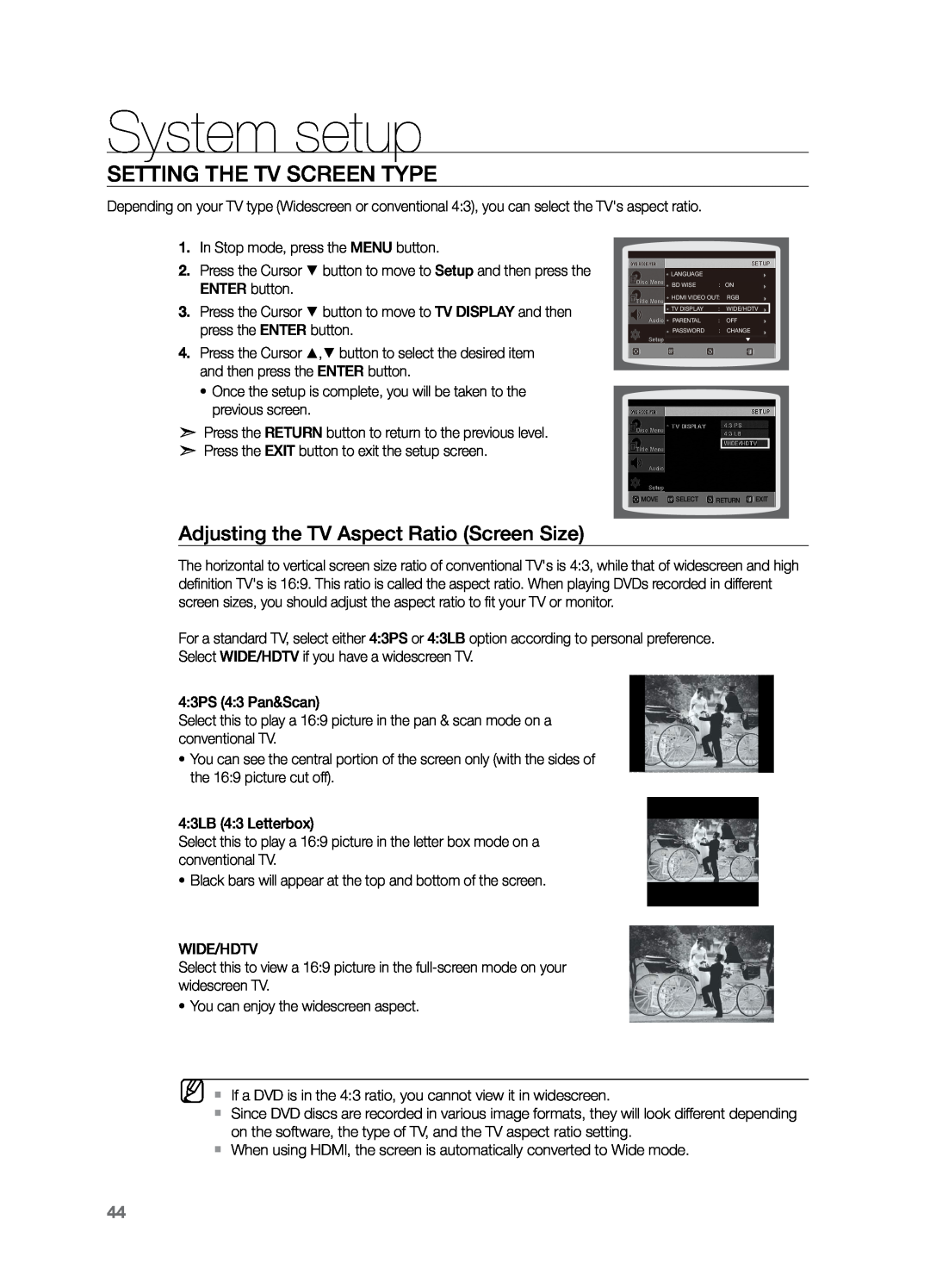 Samsung HT-Z221 user manual Setting the TV Screen Type, Adjusting the TV Aspect Ratio Screen Size, System setup 