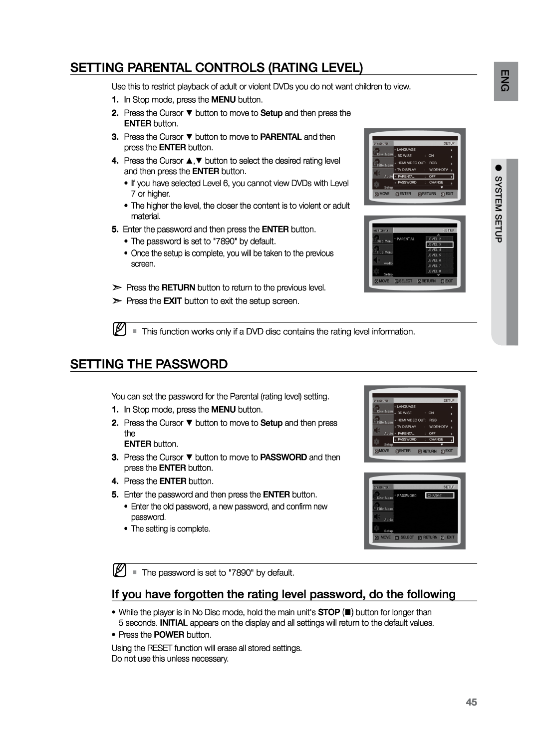 Samsung HT-Z221 user manual Setting Parental Controls Rating Level, Setting the Password, press the ENTER button, or higher 