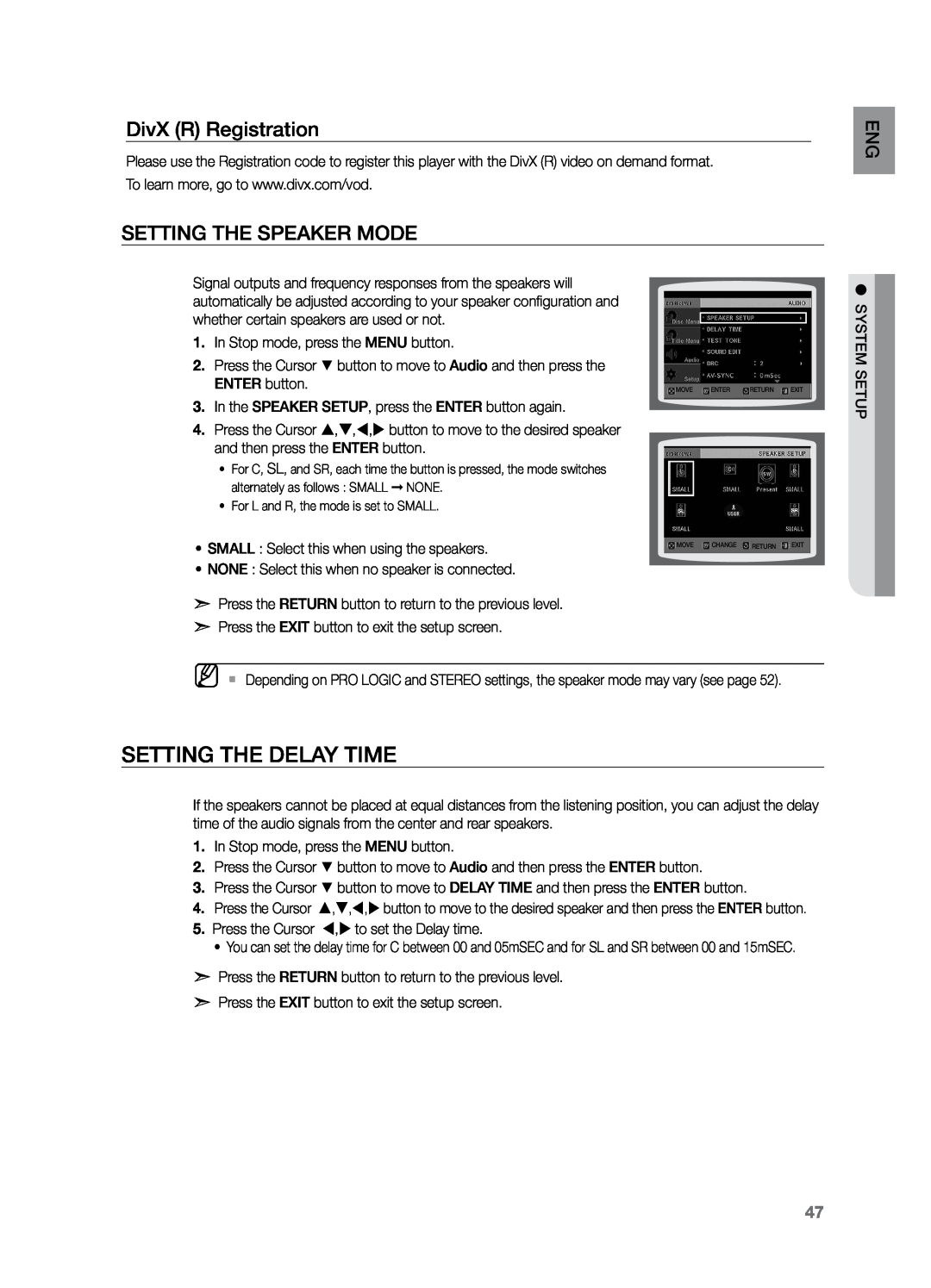 Samsung HT-Z221 user manual Setting the Delay Time, DivX R Registration, Setting the Speaker Mode 