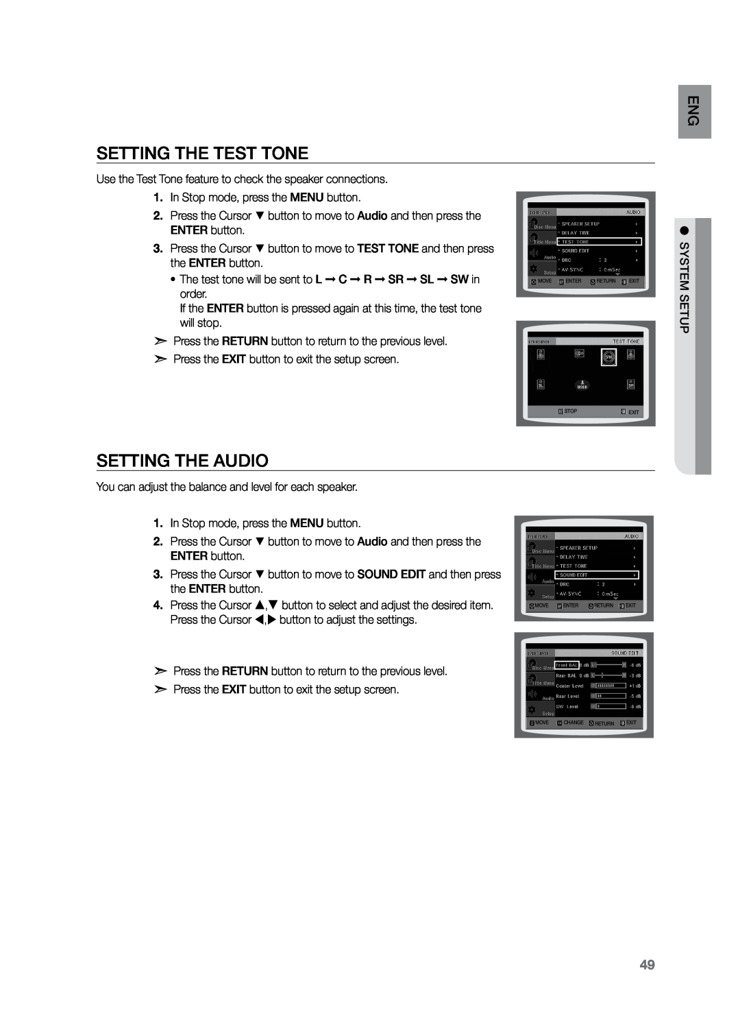 Samsung HT-Z221 user manual Setting the Test Tone, Setting the Audio 