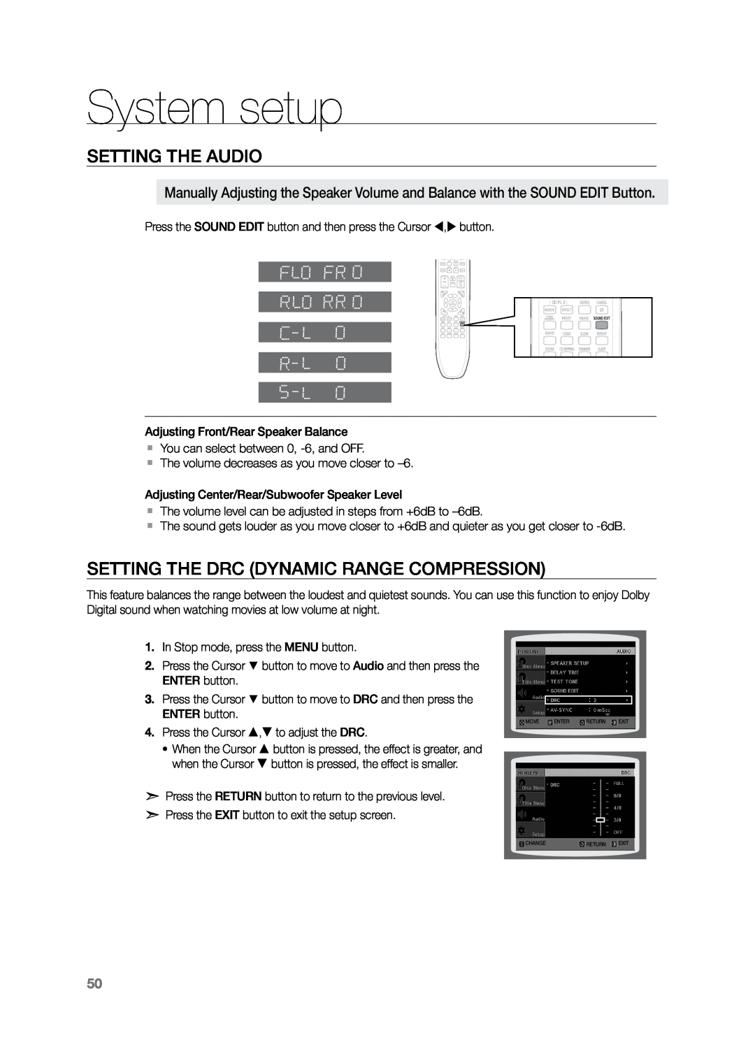 Samsung HT-Z221 user manual Setting the DRC Dynamic Range Compression, System setup, Setting the Audio 