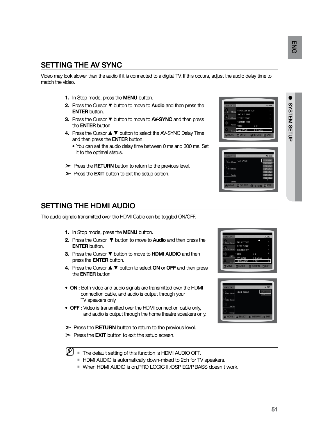 Samsung HT-Z221 user manual Setting the AV SYNC, Setting the HDMI Audio 