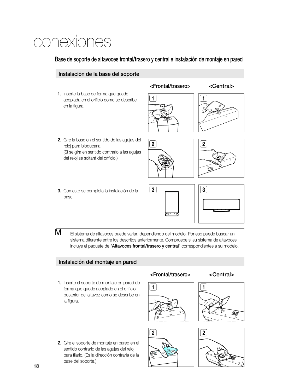 Samsung HT-Z210R/EDC manual Instalación de la base del soporte, Frontal/trasero Central, Instalación del montaje en pared 