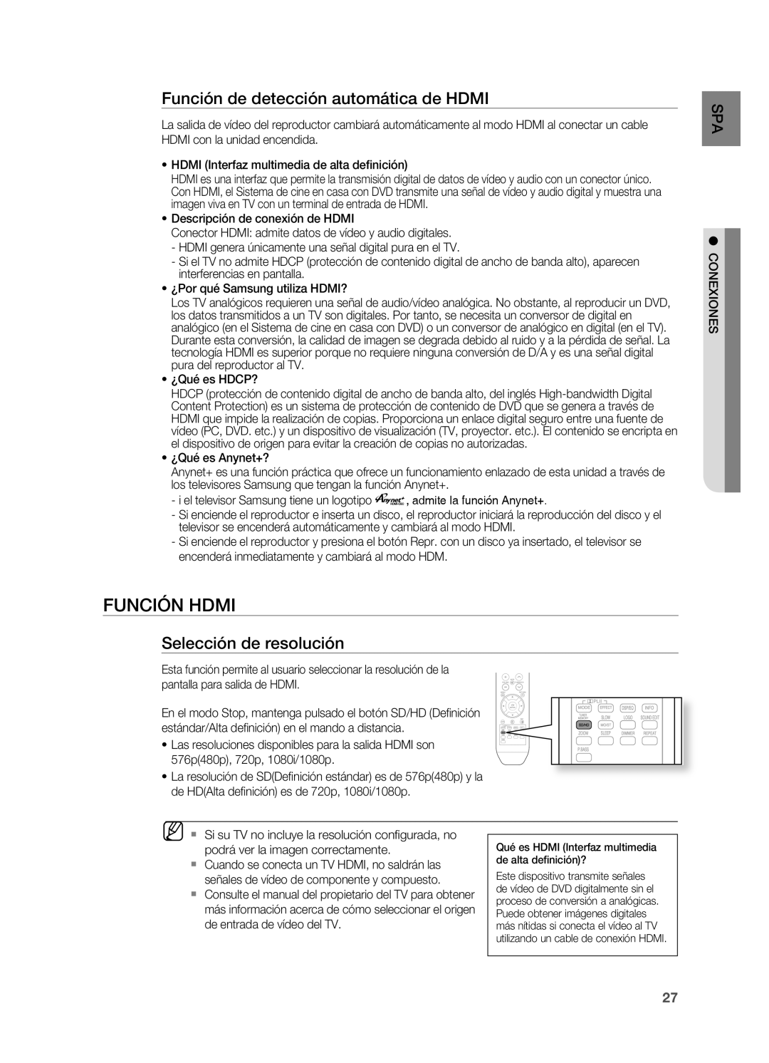 Samsung HT-Z210R/EDC, HT-Z310R/EDC manual Función Hdmi, Función de detección automática de Hdmi, Selección de resolución 