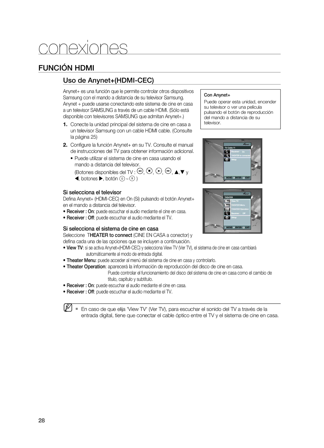 Samsung HT-TZ215R/XEF, HT-Z310R/EDC, HT-Z210R/EDC manual Función Hdmi, Uso de Anynet+HDMI-CEC, Si selecciona el televisor 