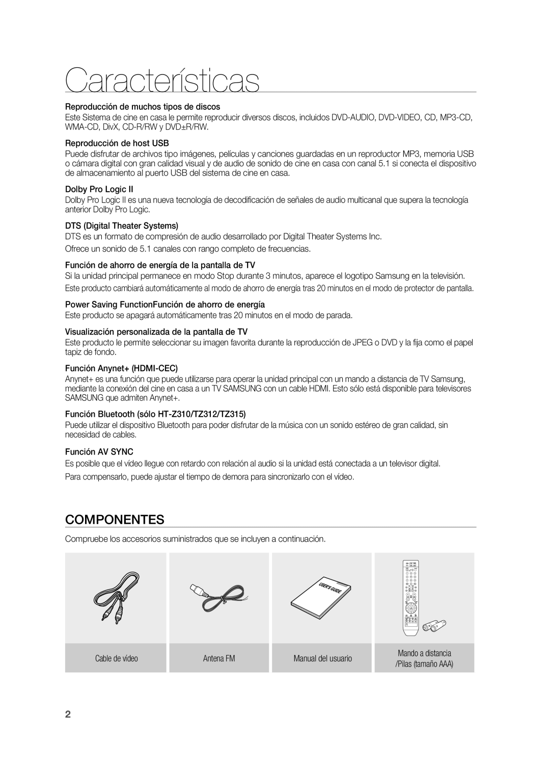 Samsung HT-Z210R/XET, HT-Z310R/EDC manual Características, Componentes, Función de ahorro de energía de la pantalla de TV 