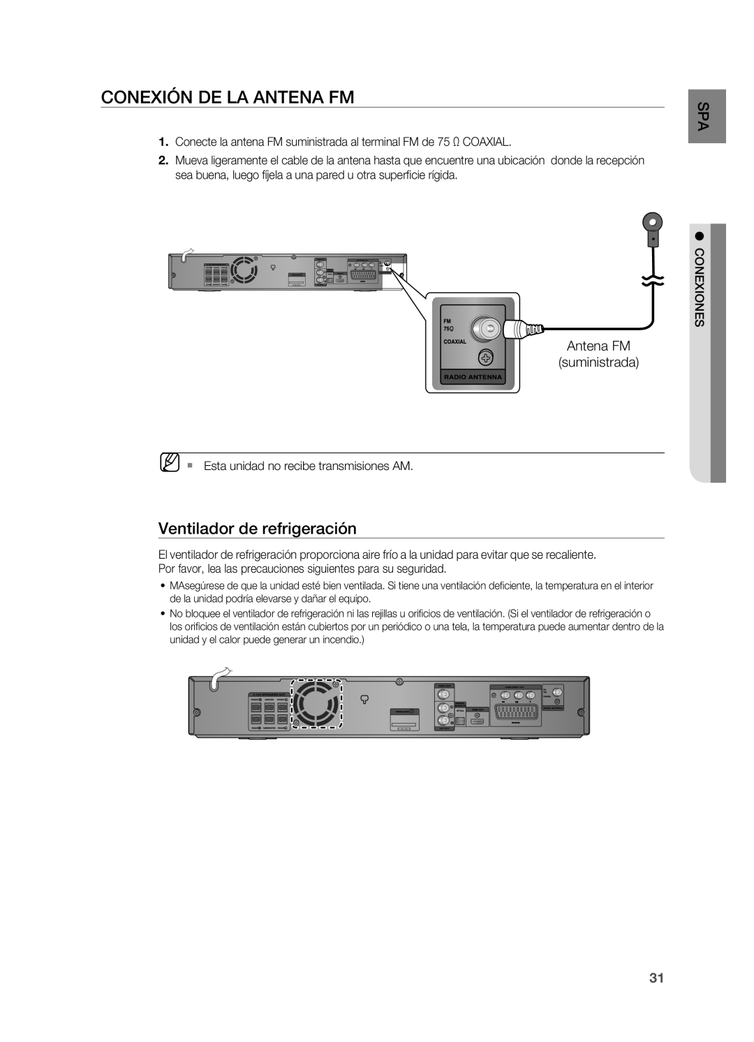 Samsung HT-TZ315R/EDC, HT-Z310R/EDC manual Conexión DE LA Antena FM, Ventilador de refrigeración, Antena FM Suministrada 