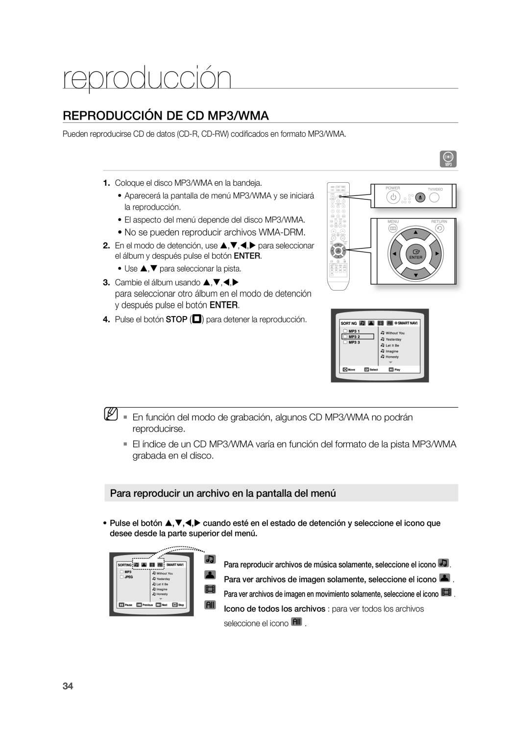 Samsung HT-Z310R/XET, HT-Z310R/EDC manual Reproducción DE CD MP3/WMA, Para reproducir un archivo en la pantalla del menú 