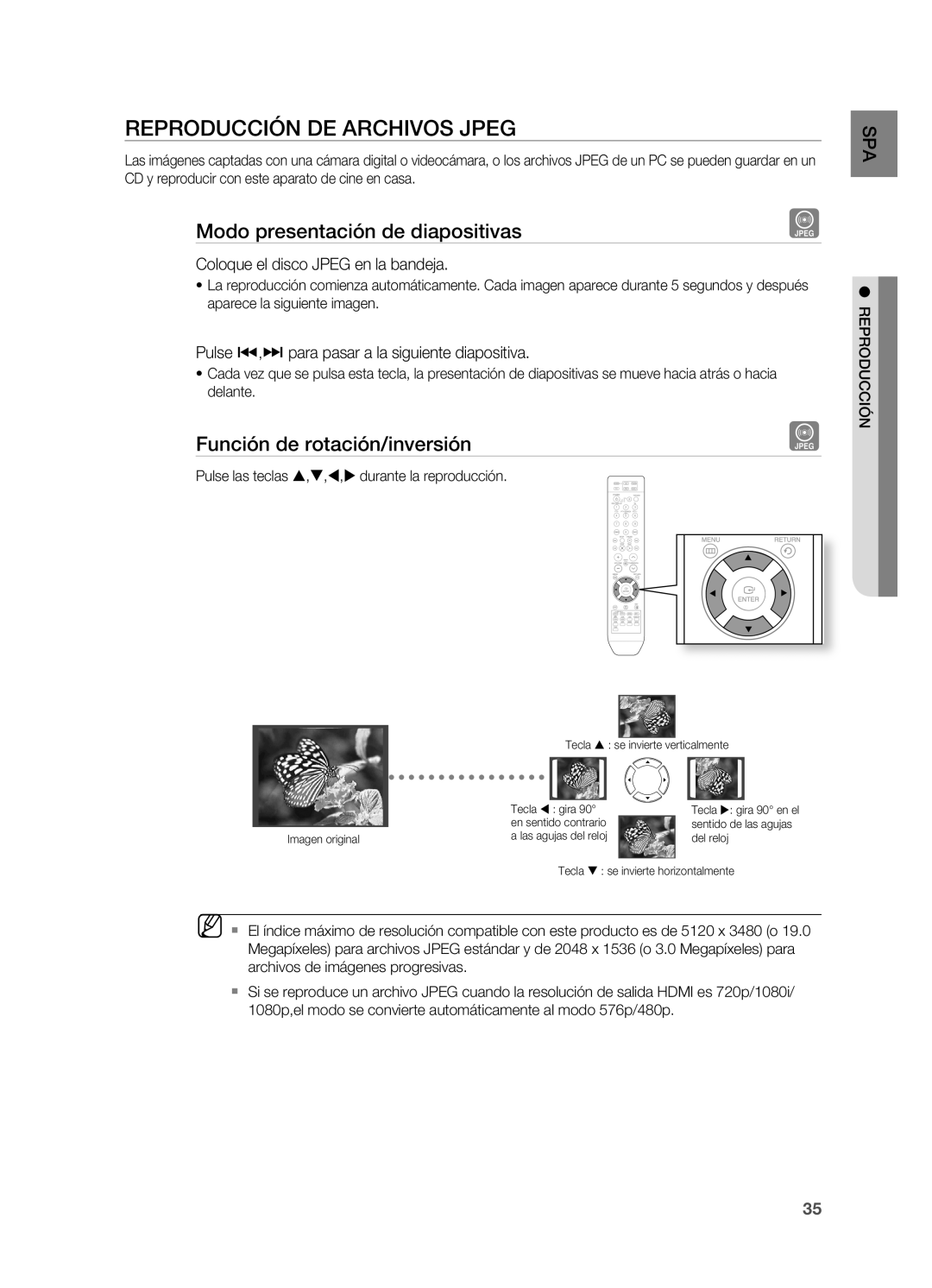 Samsung HT-Z310R/EDC manual Reproducción DE Archivos JPEg, Modo presentación de diapositivas, Función de rotación/inversión 