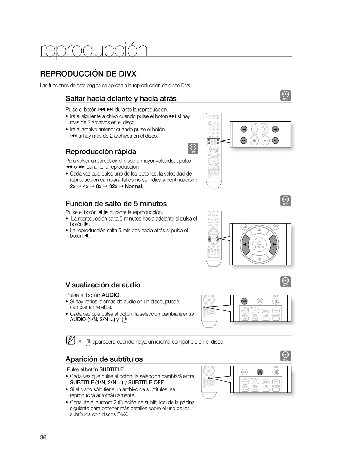 Samsung HT-Z210R/EDC, HT-Z310R/EDC, HT-TZ215R/XEF, HT-Z210R/XET, HT-TZ315R/XET, HT-TZ315R/EDC manual Reproducción DE Divx 