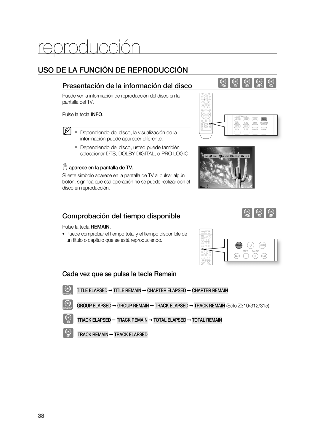 Samsung HT-Z210R/XET, HT-Z310R/EDC manual USO DE LA Función DE Reproducción, Presentación de la información del disco 