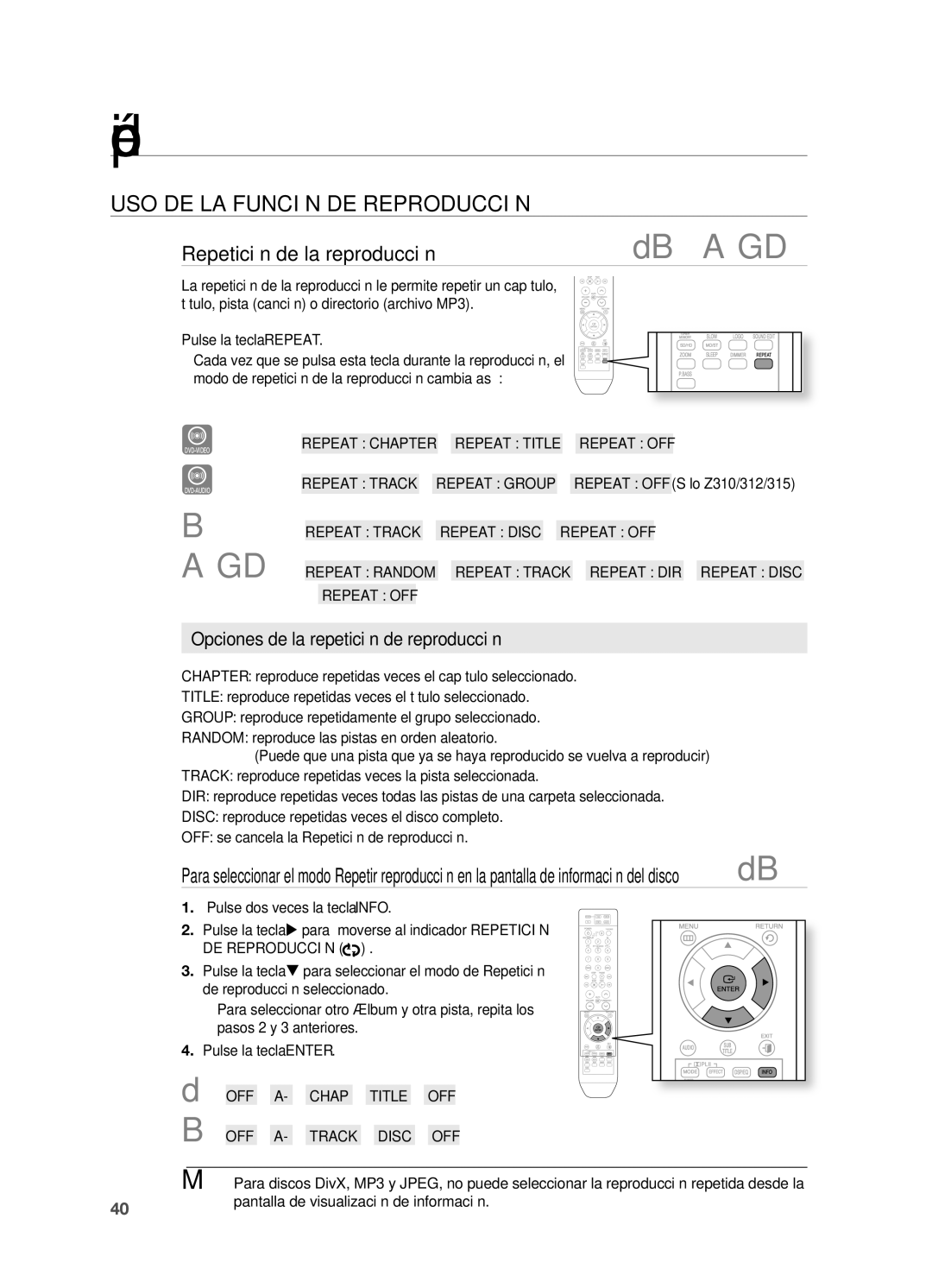 Samsung HT-TZ315R/EDC manual Repetición de la reproducción, Opciones de la repetición de reproducción, DE Reproducción 