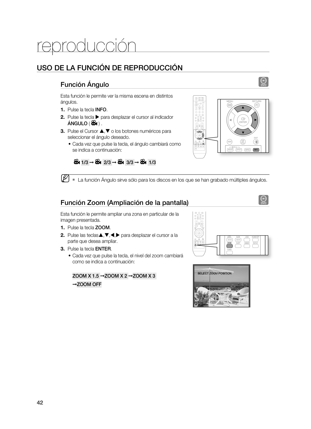 Samsung HT-TZ215R/EDC, HT-Z310R/EDC, HT-Z210R/EDC manual Función Ángulo, Función Zoom Ampliación de la pantalla, Zoom X 