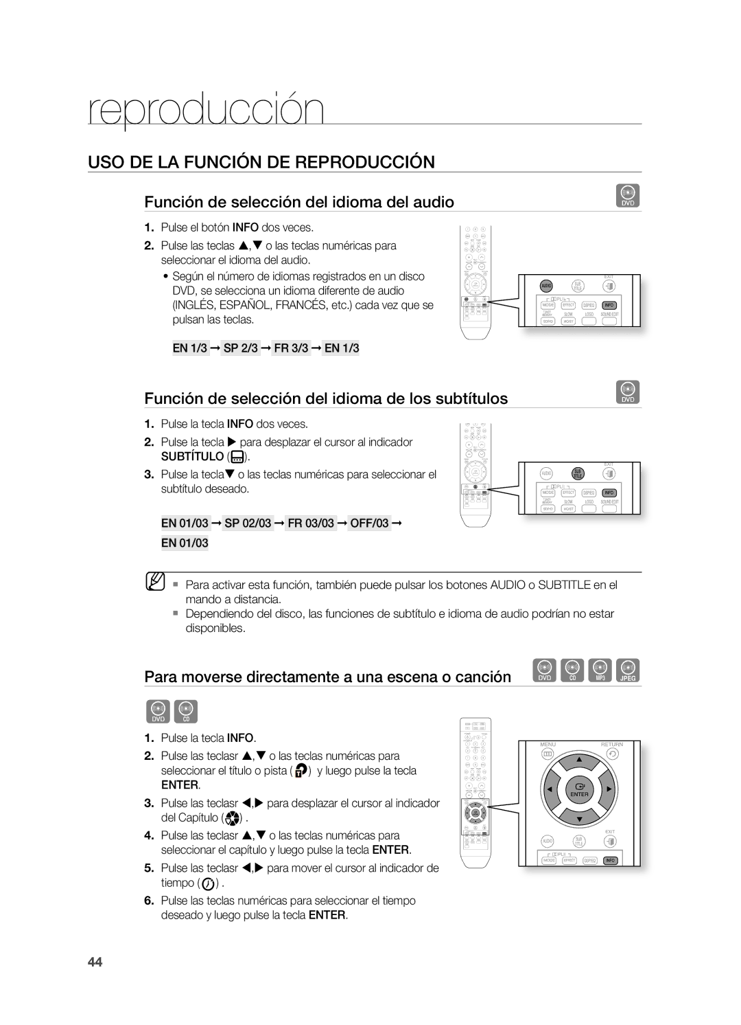 Samsung HT-Z310R/EDC Función de selección del idioma del audio, Función de selección del idioma de los subtítulos, Enter 