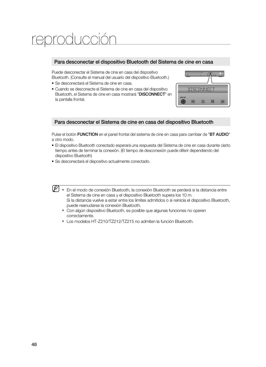 Samsung HT-TZ315R/XET, HT-Z310R/EDC, HT-Z210R/EDC, HT-TZ215R/XEF, HT-Z210R/XET, HT-TZ315R/EDC, HT-TZ215M/MEA manual Reproducción 