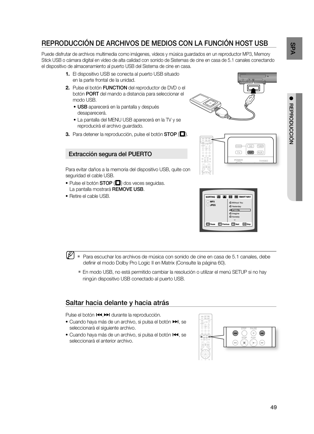 Samsung HT-TZ315R/EDC manual Reproducción DE Archivos DE Medios CON LA Función Host USB, Extracción segura del Puerto 