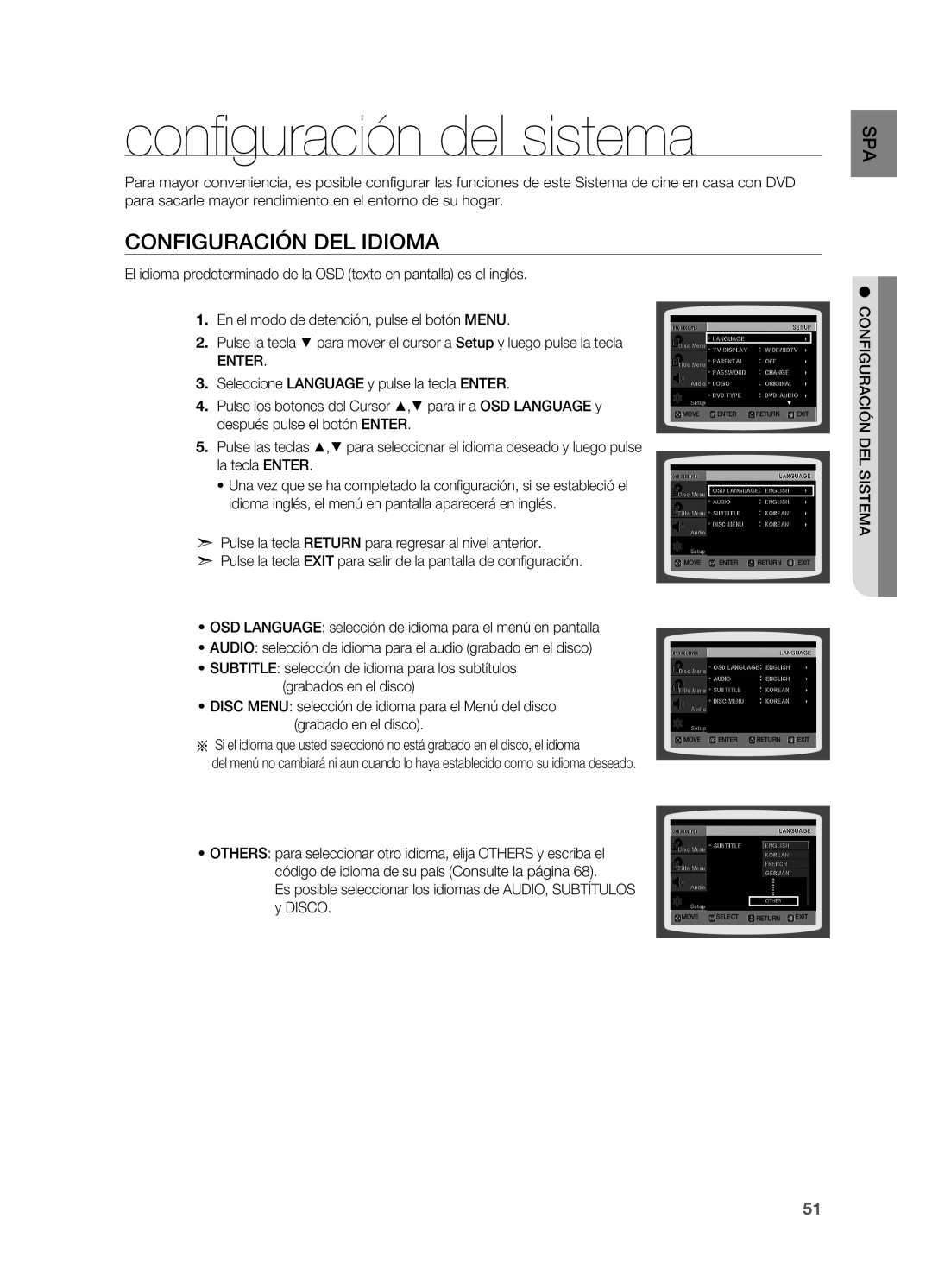 Samsung HT-TZ215R/EDC, HT-Z310R/EDC, HT-Z210R/EDC manual Configuración del sistema, Configuración del idioma, Uraciónconfi 