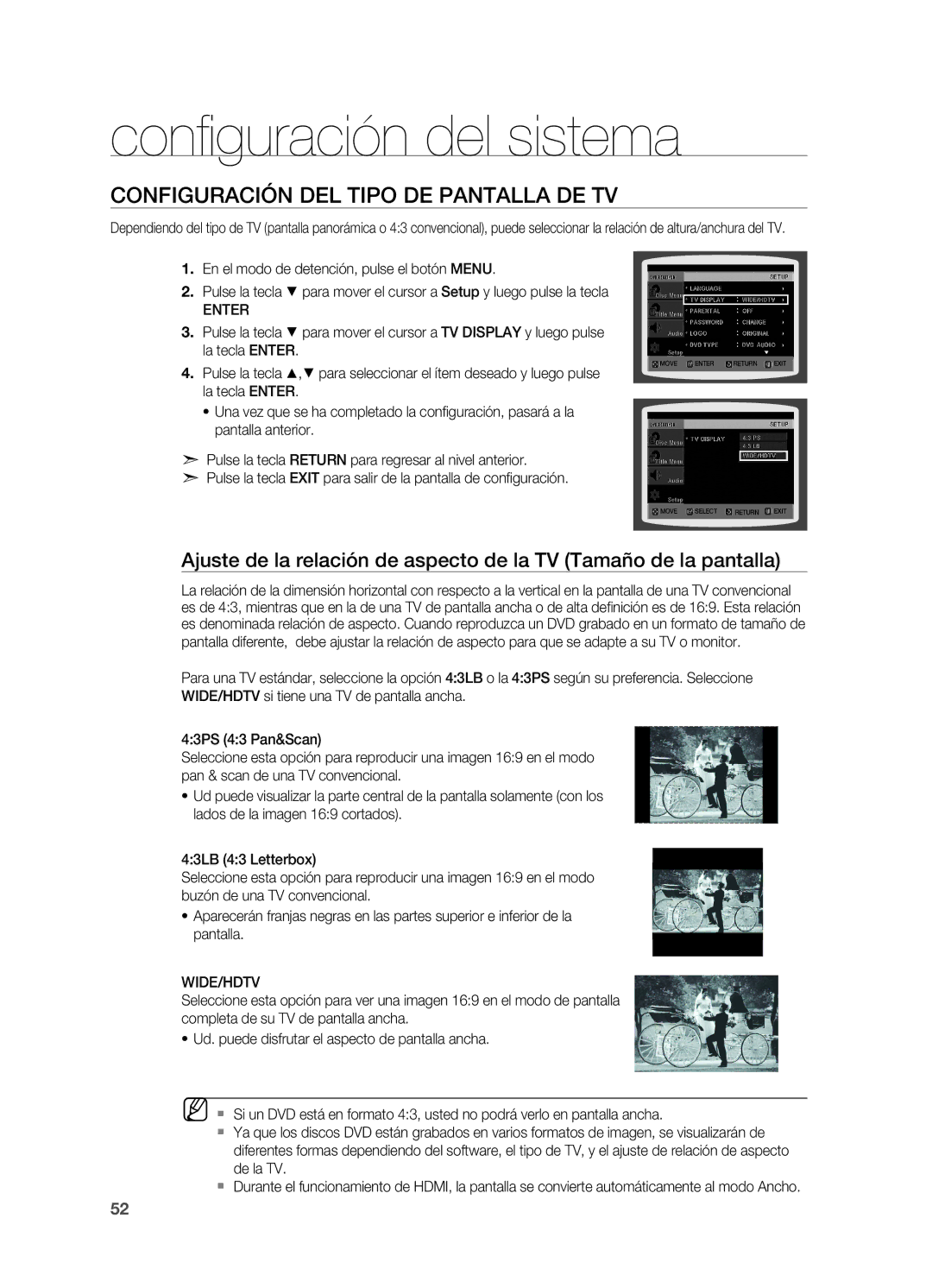 Samsung HT-Z310R/XET, HT-Z310R/EDC, HT-Z210R/EDC, HT-TZ215R/XEF manual Configuración del tipo de pantalla de TV, Wide/Hdtv 