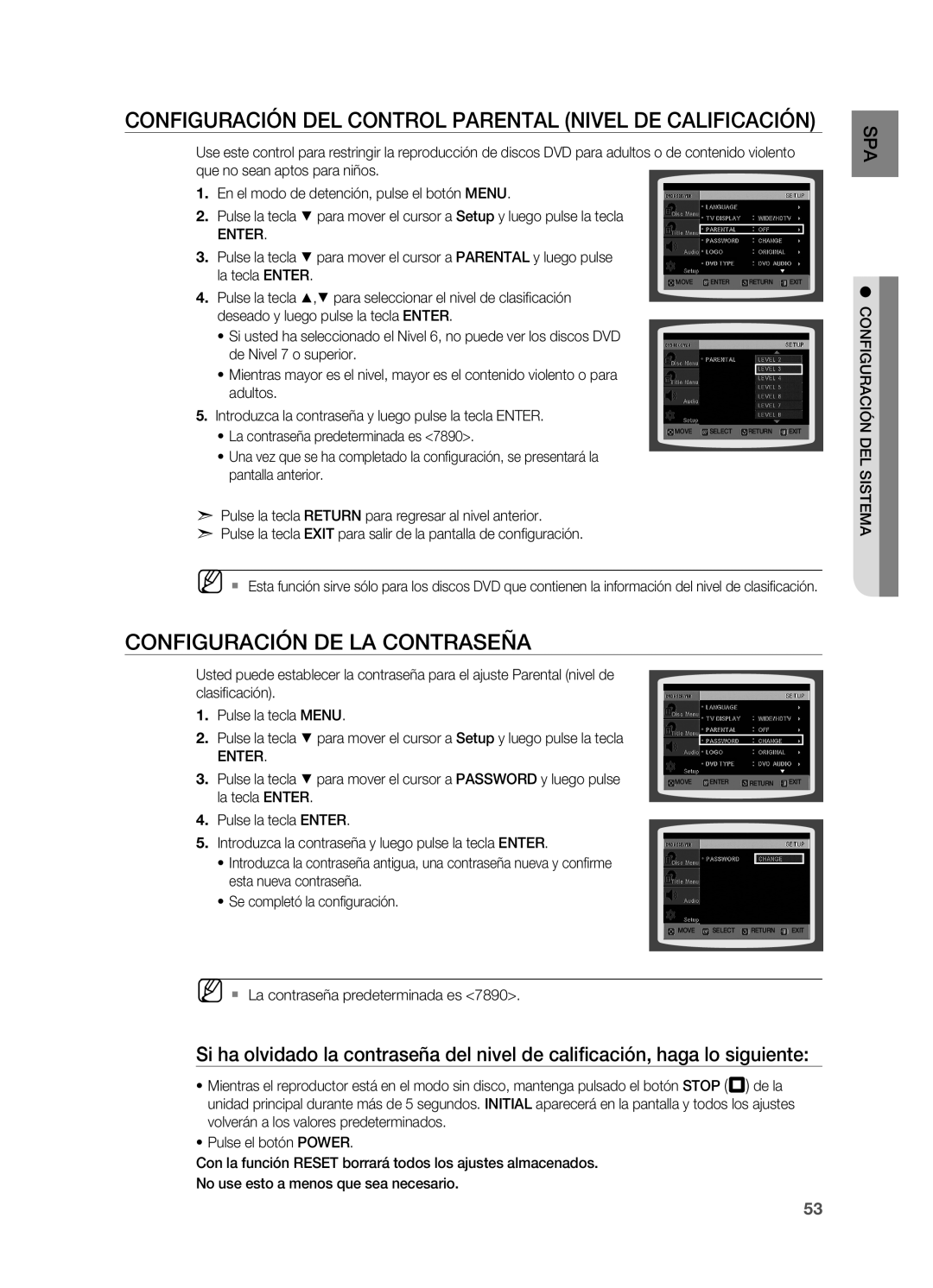 Samsung HT-Z310R/EDC manual Configuración del control parental Nivel DE Calificación, Configuración de la contraseña 