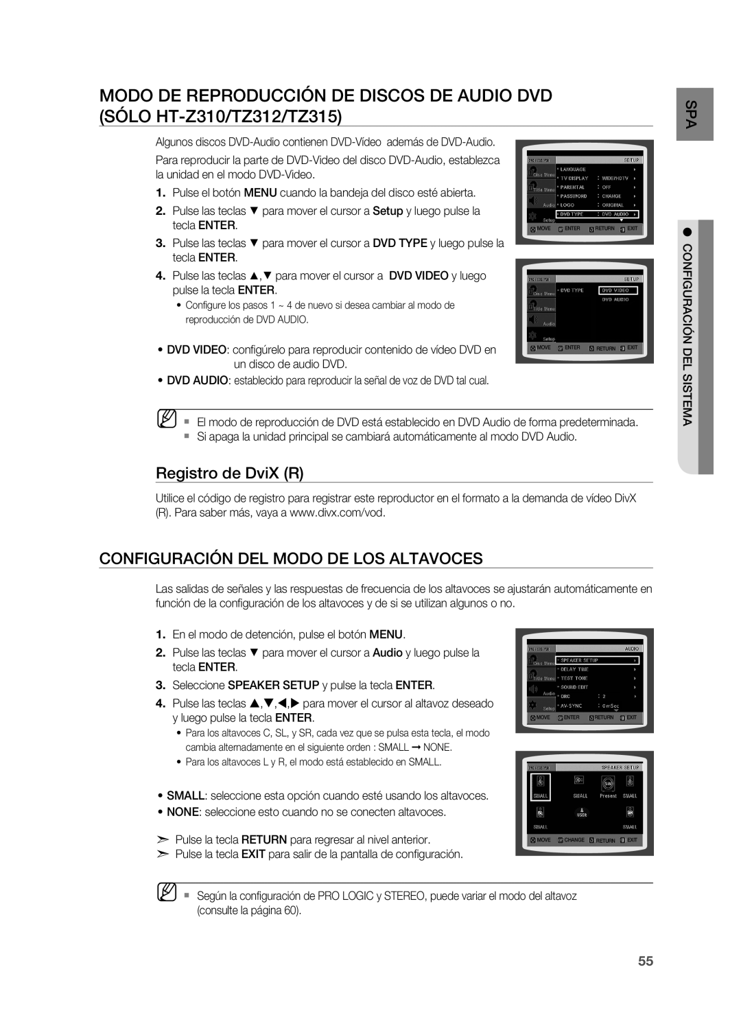 Samsung HT-TZ215R/XEF, HT-Z310R/EDC, HT-Z210R/EDC, HT-Z210R/XET Registro de DviX R, Configuración del modo de los altavoces 