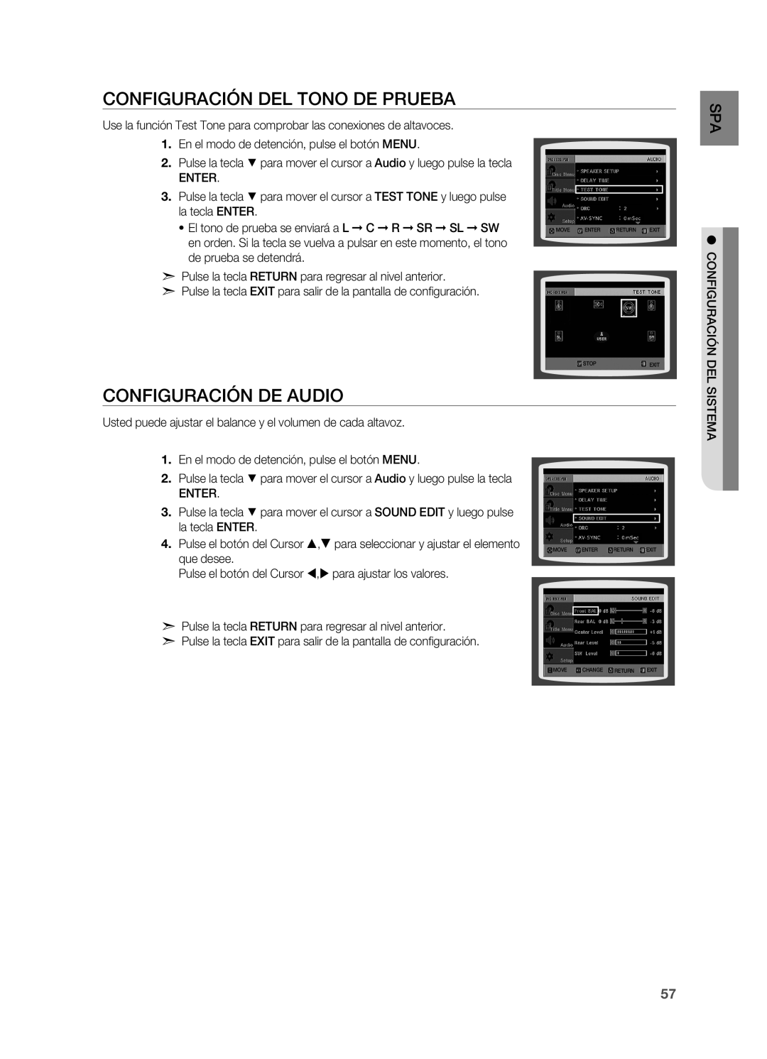 Samsung HT-TZ315R/XET, HT-Z310R/EDC, HT-Z210R/EDC manual Configuración del tono de prueba, Configuración de Audio, Que desee 