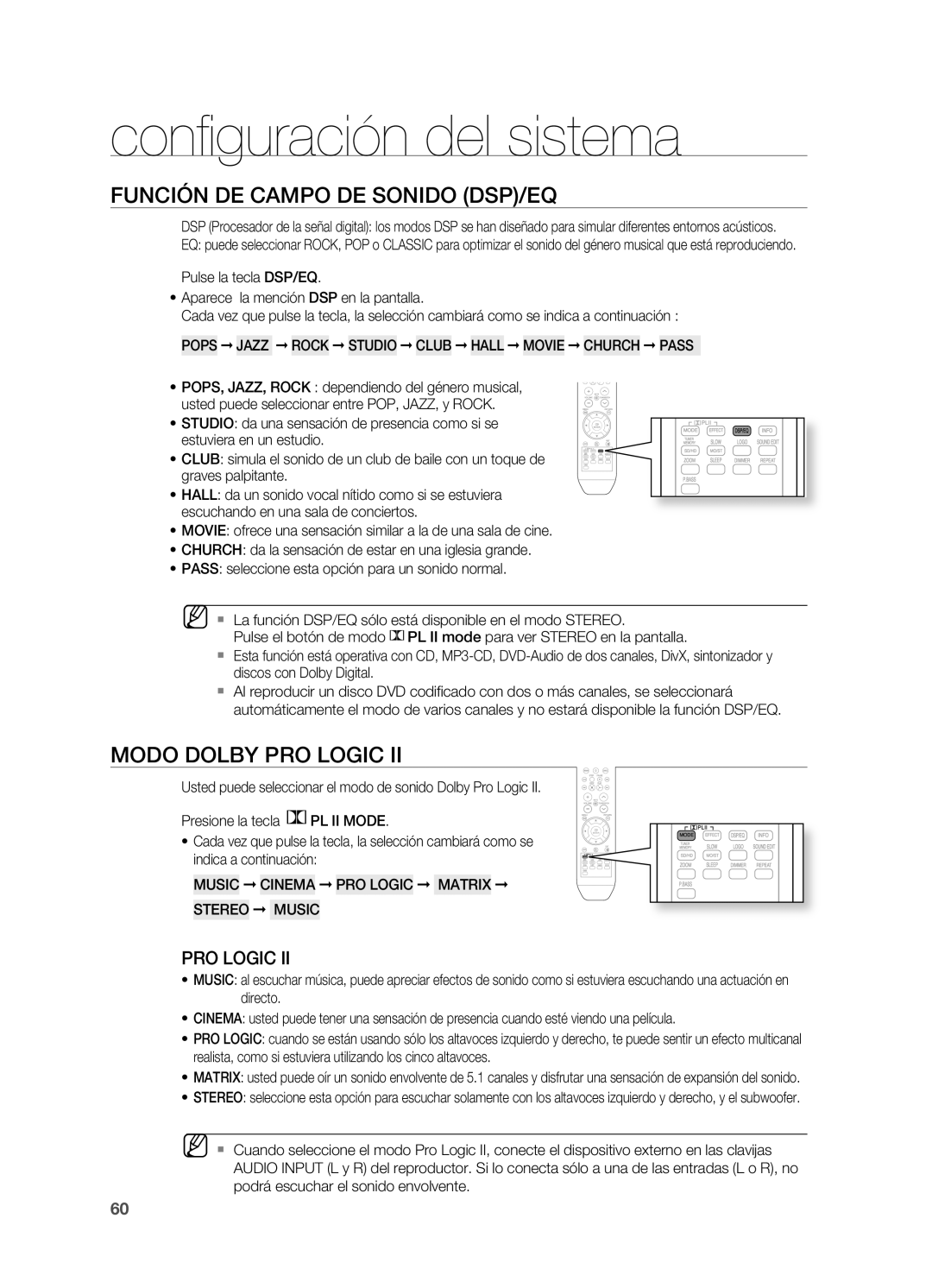 Samsung HT-TZ215R/EDC, HT-Z310R/EDC, HT-Z210R/EDC Función DE Campo DE Sonido DSP/Eq, Modo Dolby PRO LOgIC, Stereo Music 