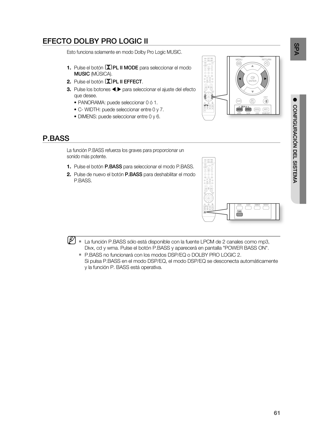 Samsung HT-Z310R/XET, HT-Z310R/EDC, HT-Z210R/EDC, HT-TZ215R/XEF manual Efecto Dolby PRO LOgIC, Bass, CONFIgURACIÓN DEL Sistema 