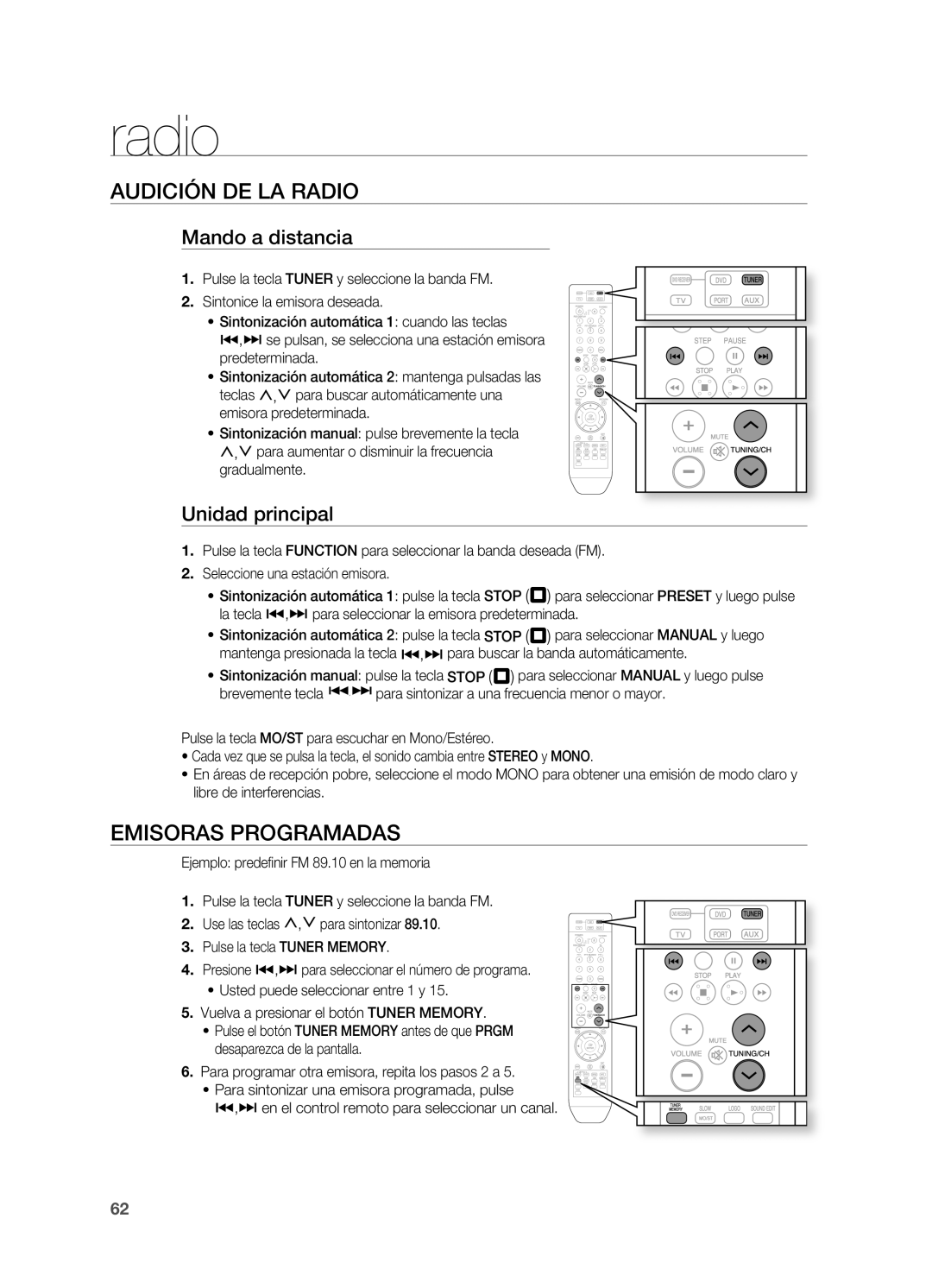 Samsung HT-Z310R/EDC, HT-Z210R/EDC Audición DE LA Radio, Emisoras PROgRAMADAS, Mando a distancia, Unidad principal 